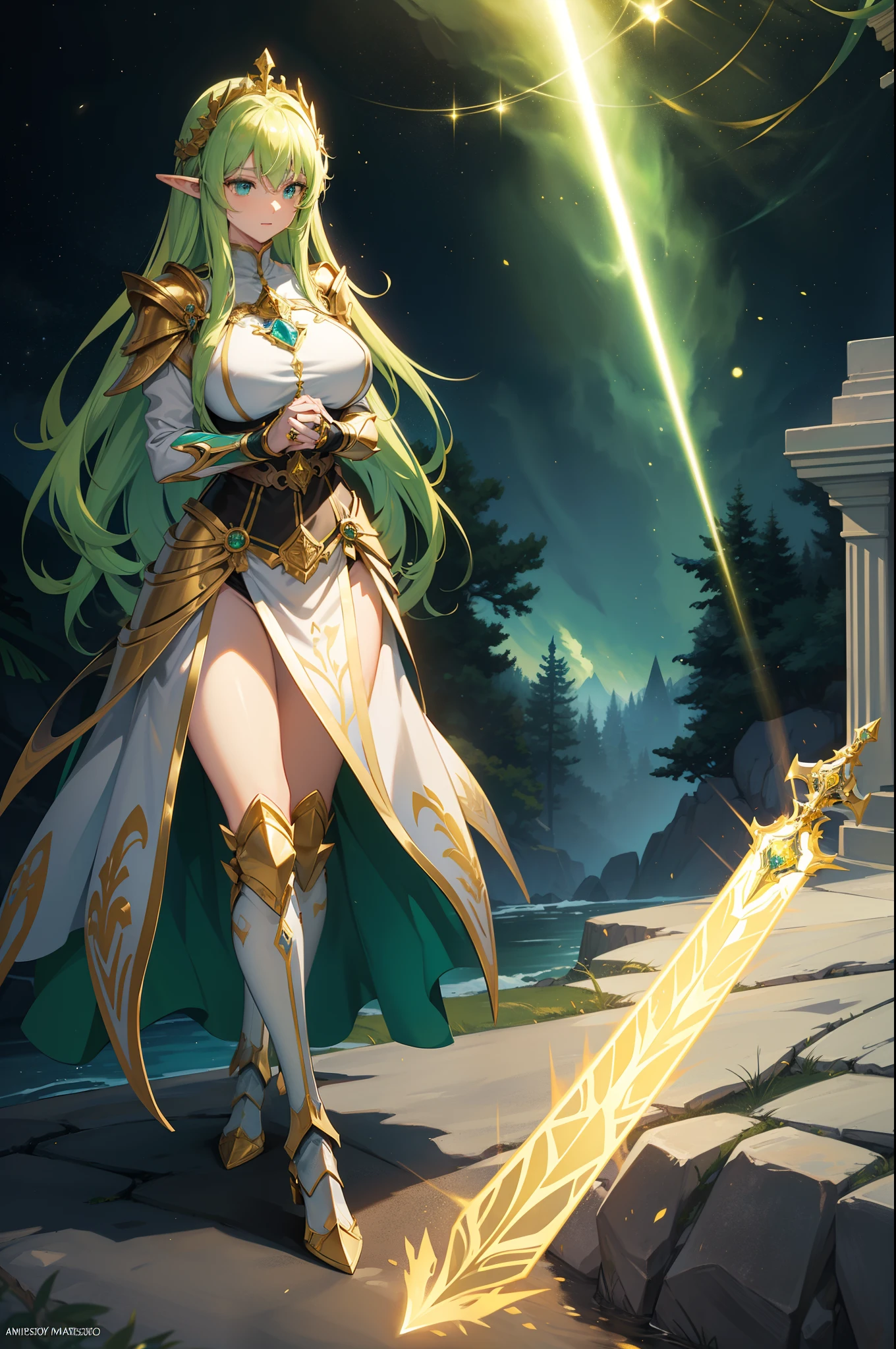 female elf royal paladin, fairy crest, breast expose, golden and silver color armor with fairy icon and steel battle armor skirt, short design hand silver glove, golden color cape, golden belt, huge magic circle behind, pauldron in fairy style, silver color bracelet, ((right hand holding silver color huge board sword and left hand holding silver color huge shield)), multicolor golden and green color hair, empress aura, glowing green color pupil, 16k best anime wallpaper quality, masterpieces, solo, extreme pupil detail, fantasy mythic art, movie lighting, original character, heavy make up, holy glowing and windy effect, figure body shape, church background, standing still