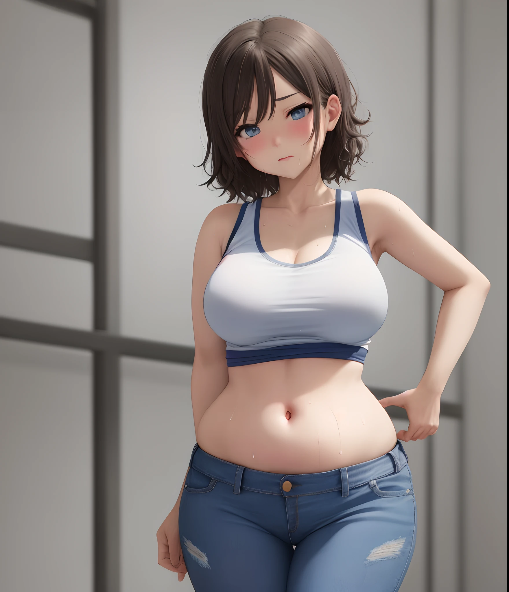 Watanabe you, blue eyes, short denim short, football tank top,(midriff:0.7), looking at viewer,(big breasts:0.8), solo, standing, sweating, solo,(cowboy shot) , thicc thighs,thicc stomach, curvy body, llchar, hentai style