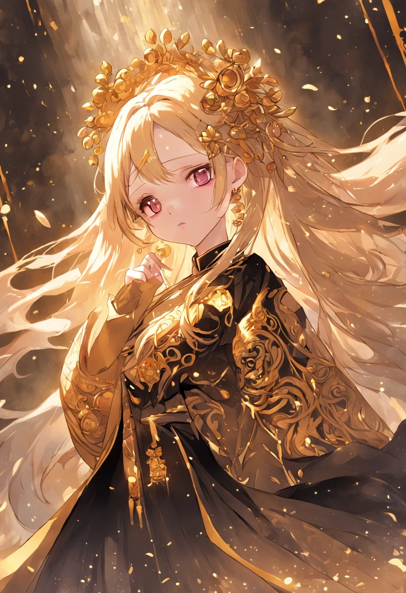 Kizi. Her figure, , Curvy, The right direction,, Long blonde hair color, Deep magenta eyes, white skinned, gold nugget,gold foil, Wearing a black and gold Hanfu, largeeyes。The ground is covered with gold coins。full bodyesbian,standing on your feet,golden hair accessory,Nobile,ear jewelry,Chinese culture,ellegance,mistic,noble,Ba digital painting, Digital illustration, Extreme detail, Digital art。