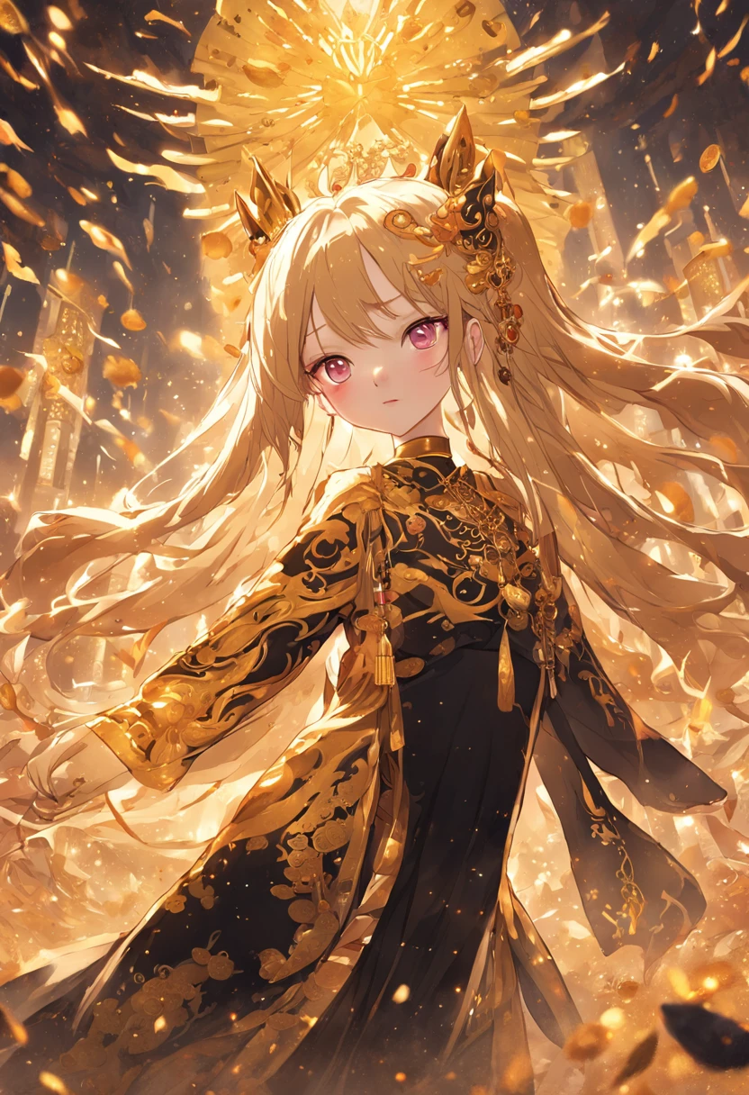 Kizi. Her figure, , Curvy, The right direction,, Long blonde hair color, Deep magenta eyes, white skinned, gold nugget,gold foil, Wearing a black and gold Hanfu, largeeyes。The ground is covered with gold coins。full bodyesbian,standing on your feet,golden hair accessory,Nobile,ear jewelry,Chinese culture,ellegance,mistic,noble,Ba digital painting, Digital illustration, Extreme detail, Digital art。