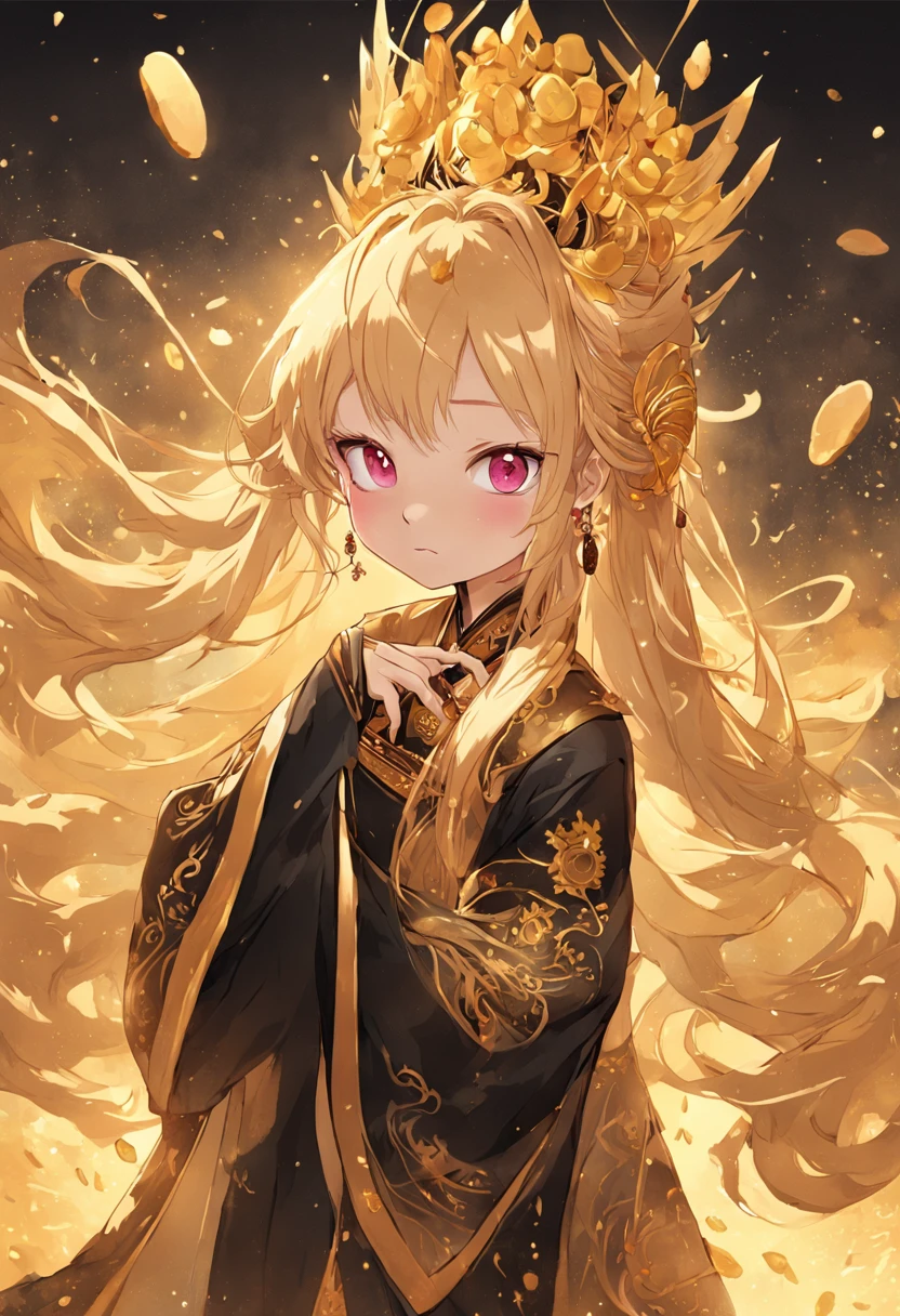 Kizi. Her figure, , Curvy, The right direction,, Long blonde hair color, Deep magenta eyes, white skinned, gold nugget，gold foil, Wearing a black and gold Hanfu, largeeyes。The ground is covered with gold coins。full bodyesbian，standing on your feet，golden hair accessory，Nobile，ear jewelry，Chinese culture，ellegance，mistic，noble，Ba digital painting, Digital illustration, Extreme detail, Digital art。
