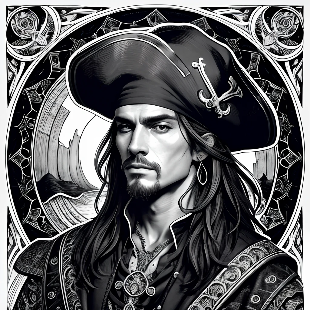 Centred potrait of a male Pirate, black and white, zentangle (best quality) ultra-detailed, fine line drawing, fine line art, coloring book illustration style, intricate linework, highly detailed illustration, perfect composition, beautiful and stunning, dynamic angle, high contrast, incredible shading, incredible detail, unique style, black and white details, (dark and mystical atmosphere), intricate and detailed nature elements.