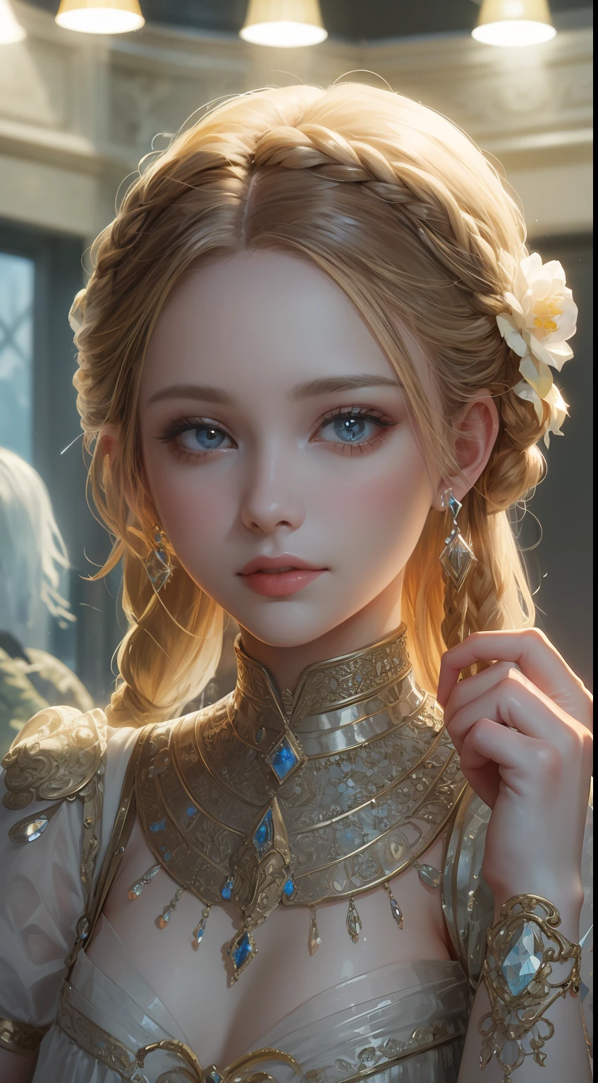 (Ultra-high quality masterpiece，Beautiful bust of an 18-year-old noble girl，Classical braids，The eyes are shiny and clear，Floral craftsmanship，Crystal jewelry，Ultra-fine details，Soft lighting)