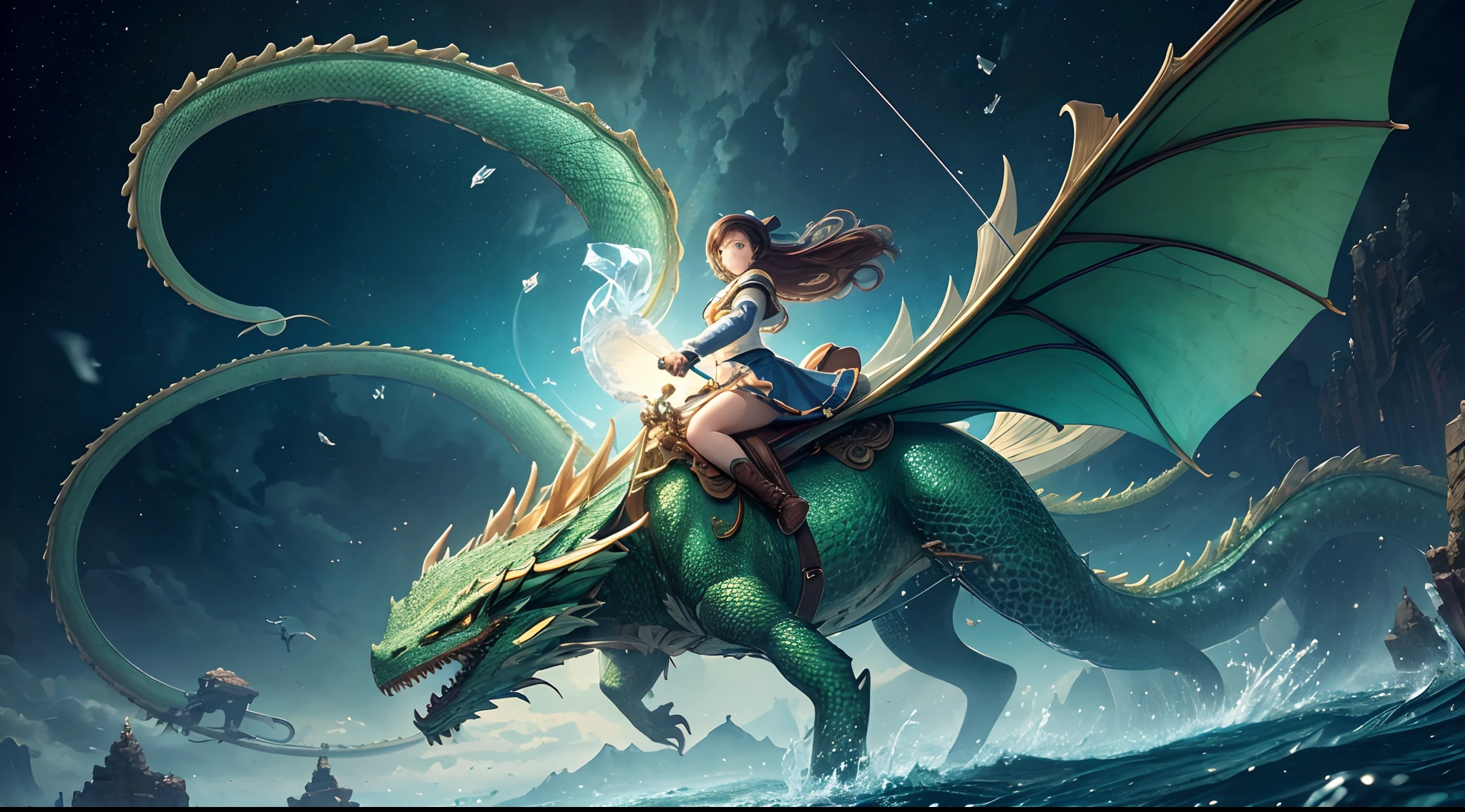 (Masterpiece, Top Quality, Best Quality, Ultimate Detail, Highest Detail, Official Art, Beauty & Aesthetics: 1.2), Golden Ratio, Full Composition, official art, Unity 8k wallpaper, super detailed, beautiful, (fractal art: 1.4), the school girl is riding on the green dragon, flying over the town, full body, crystallineAI, from below, splash