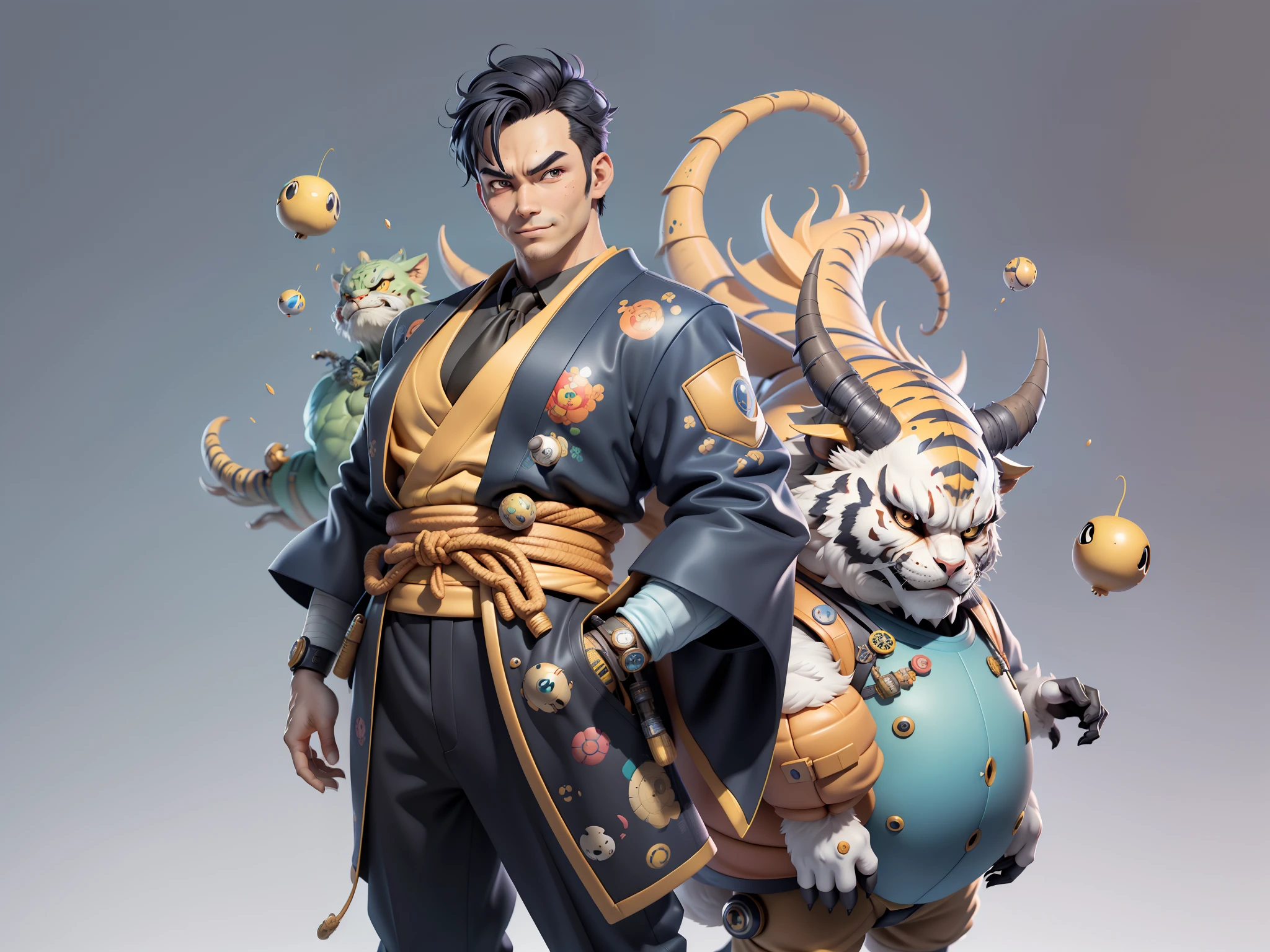 (Masterpiece), (Excellent), (Super Meticulous), (Full Body: 1.2), Super Young Man, Oriental Face, Japanese Kimono, Japanese Wind Thunder God, Dragon, Tiger, TV Anchor, Bust Portrait Illustration, Alone, Black Suit, Blue Tie, Slightly Chubby Face, Very Clean Face, No Beard, Black Super Short Hair, Black Eyes, Confident Smile, 3c Computer Sub-Products, iPad, iPhone, Digital Painting, 3D Character Design by Akira Toriyama and Mark Claireden and Pixar and Hayao Miyazaki, The illustration is a high-definition illustration in 4K resolution with very detailed facial features and cartoon-style visuals.