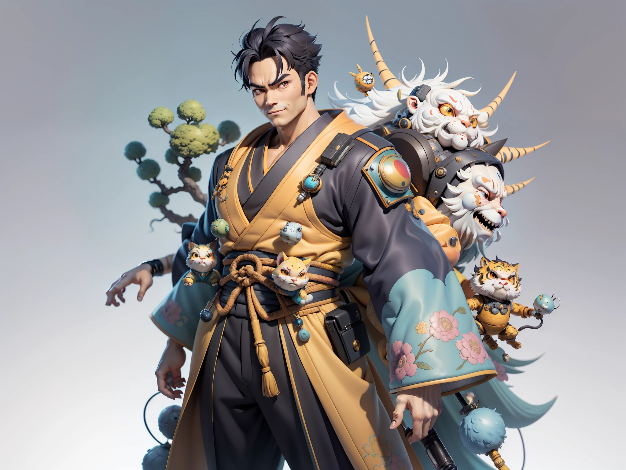 (Masterpiece), (Excellent), (Super Meticulous), (Full Body: 1.2), Super Young Man, Oriental Face, Japanese Kimono, Japanese Wind Thunder God, Dragon, Tiger, TV Anchor, Bust Portrait Illustration, Alone, Black Suit, Blue Tie, Slightly Chubby Face, Very Clean Face, No Beard, Black Super Short Hair, Black Eyes, Confident Smile, 3c Computer Sub-Products, iPad, iPhone, Digital Painting, 3D Character Design by Akira Toriyama and Mark Claireden and Pixar and Hayao Miyazaki, The illustration is a high-definition illustration in 4K resolution with very detailed facial features and cartoon-style visuals.