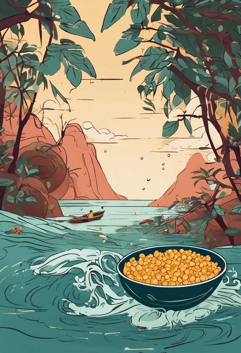 A bowl with water,There are soybeans falling,Make splashes on the water,There are several curd bamboos next to it,National style