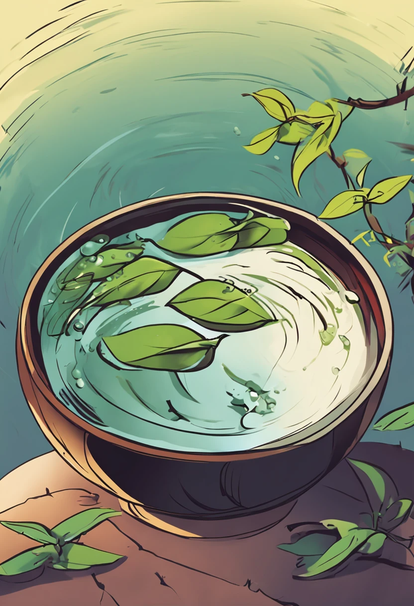 A bowl with water,There are soybeans falling,Make splashes on the water,There are several curd bamboos next to it,National style