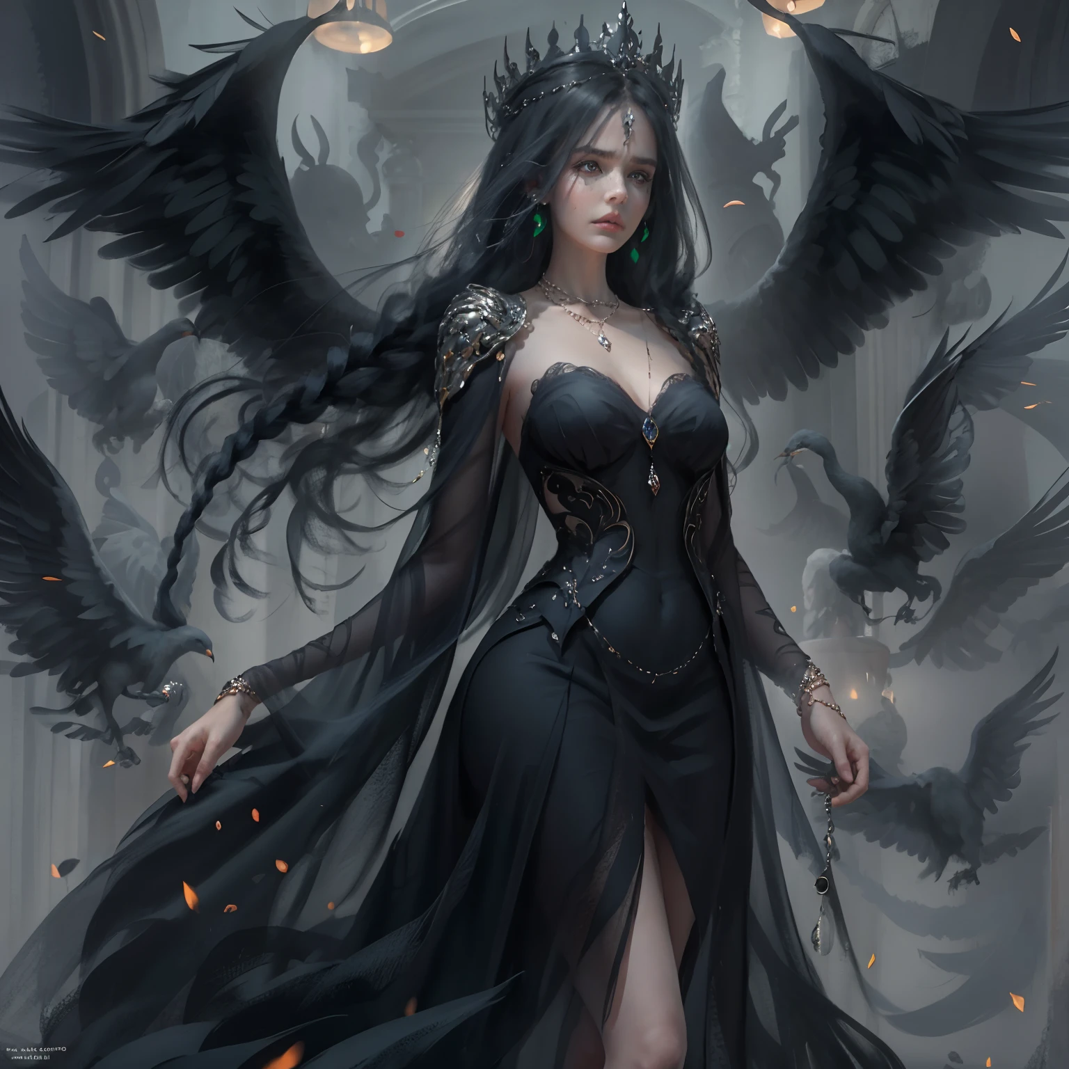 Phlegm sputum, phlegm, 1girll, Black dress, Black hair, Blurry, The background is blurred out, Braid, Breasts, circle of the crone, dress, Pedras preciosas, ghostblade, With gray eyes, A high resolution, jewelry, Lips, Long hair, necklace, Princess Aeolia, ring, Small breasts, Solo , ((Masterpiece)) ,wlstyle,Phlegm sputum, phlegm,Phlegm sputum, phlegm,nigh sky，inside in room，Black veil，A crown set with precious stones，sideface，with a melancholy expression，Keep your mouth shut