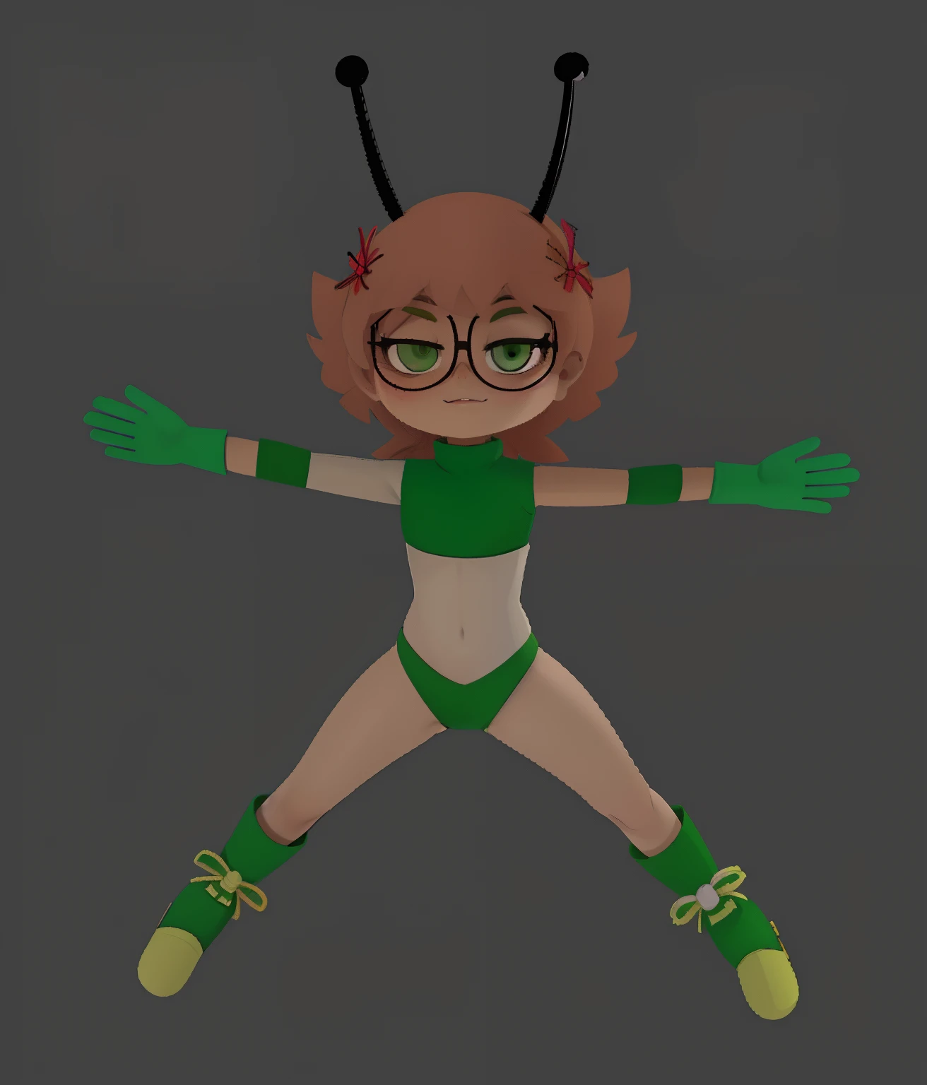 Chica de dibujos animados con traje verde y blanco con los brazos extendidos, cel sombreado!!!, cel sombreado pbr, Octane representation, Pose divertida de cuerpo entero, Pose de salto, Modelado en Poser, Chica entrenadora de insectos, cell shaded adult animation, Renderizado Toon, Renderizado de cuerpo completo, Personaje Pixie, character is in her natural pose, merged character, cel sombreado:15, octante render