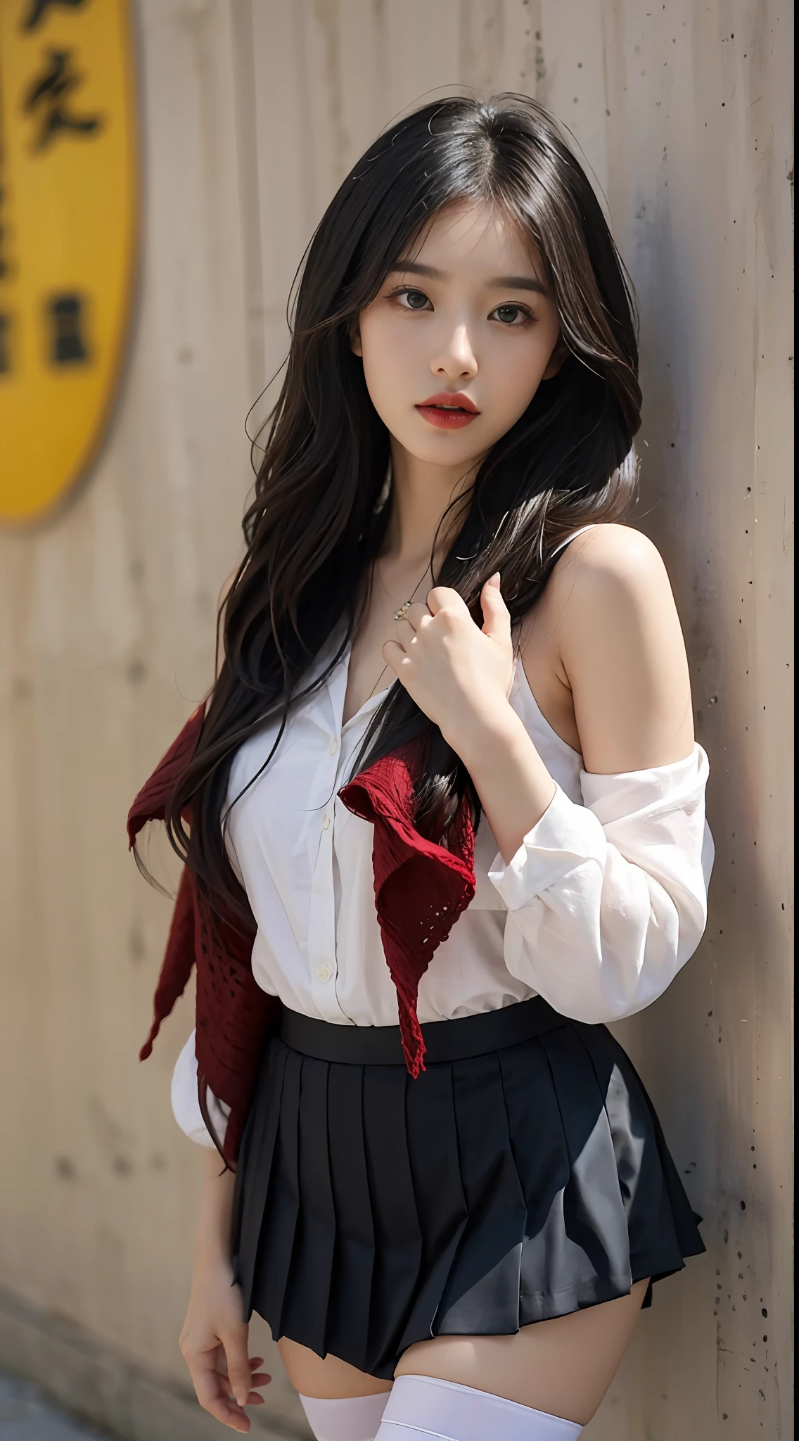 A perfect young female white-collar worker,Chinese big breasts,High picture quality,Works of masters,Black hair,Long hair shawl,Long hair flowing over the shoulders,Beach wave hairstyle,cropped shoulders,鎖骨,exquisite face,Hydrated red lips,((Wear colorful and stylish summer sailor suits))(red colour,blue colors,green color,Violet-orange,In pink,amarelo,Printed clothing),Kurfo,,Colorful pleated skirt,white stockings,Real Human,White interior wall background,CG rendering,16k,Stand up,Empty interior,Do not show your hands,Close-up shot