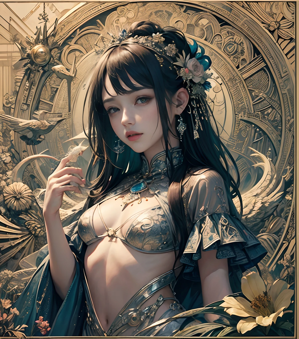 (​masterpiece、top-quality、Official art、Beautifully Aesthetic:1.2)、(One girl:1.3)、A highly detailed、Fractal Art、Colorful flowers、Zentangle、Dynamic Poses、Abstract background、shinny skin、Expressed in a variety of colors、"