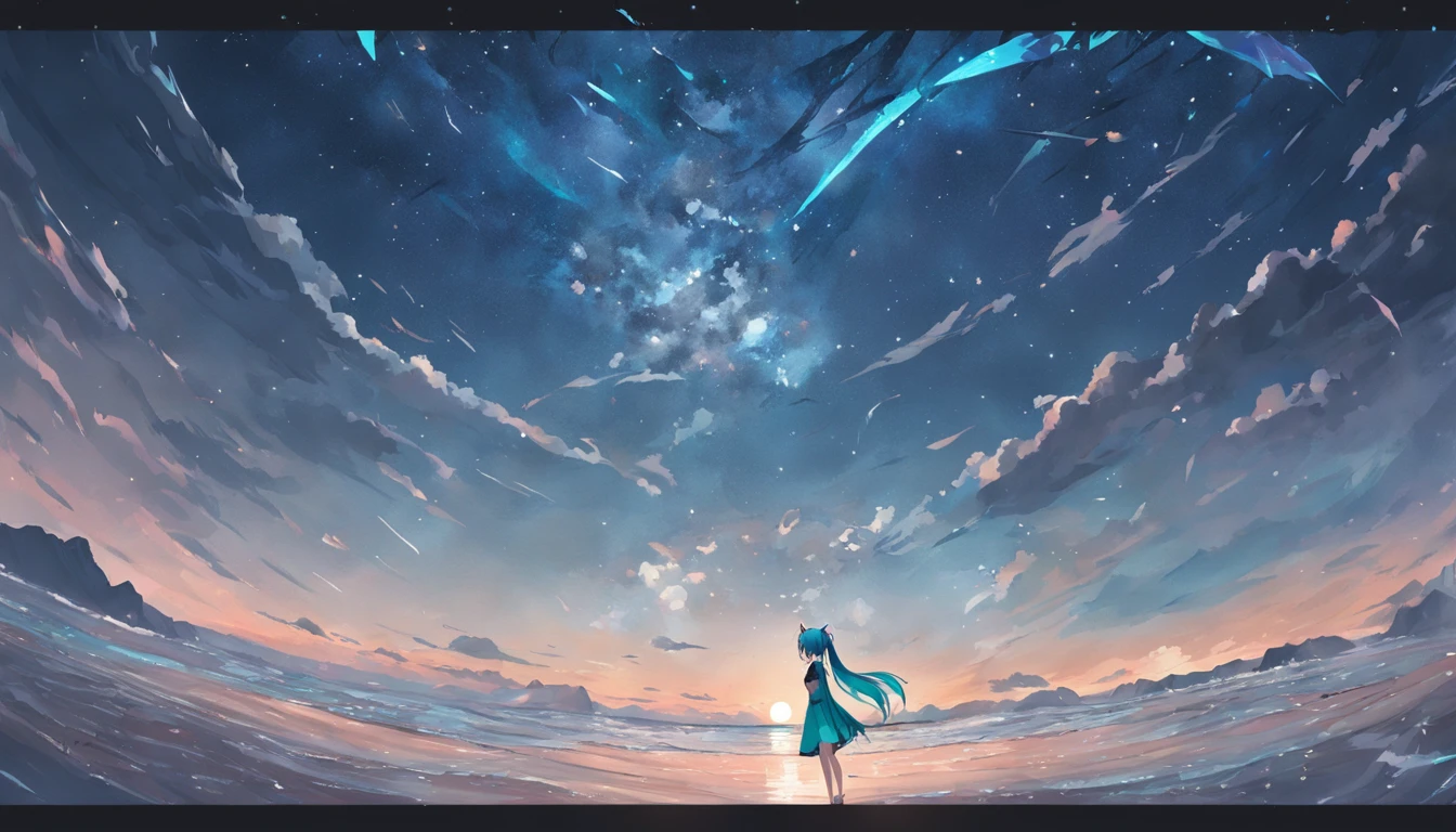 Hatsune Miku walked on the beach by moonlight，The shadow was pulled very long，Leave a trail of footprints。plethora of colors，China-style，wide，Blue or white stars and moons hang in the sky