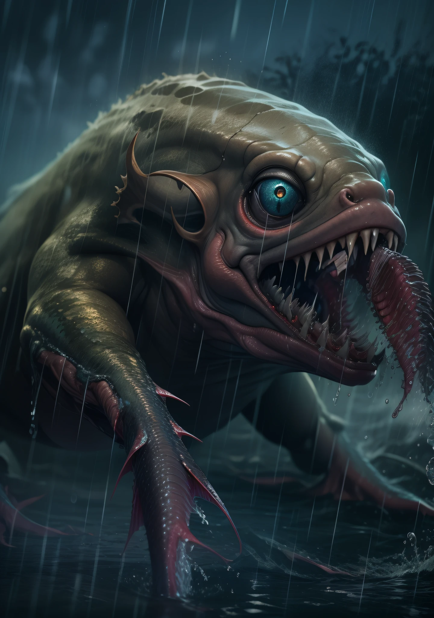 A fish creature walking through a muddy area, scary fish, scary sea monster, scary creature, swamp monster, realistic creature concept, monster ashore, from a 2 0 1 9 sci fi 8 k movie, aquatic creature, fish man, neil blomkamp film landscape, ps5 cinematic screen capture, the evil within monster, film still dnd