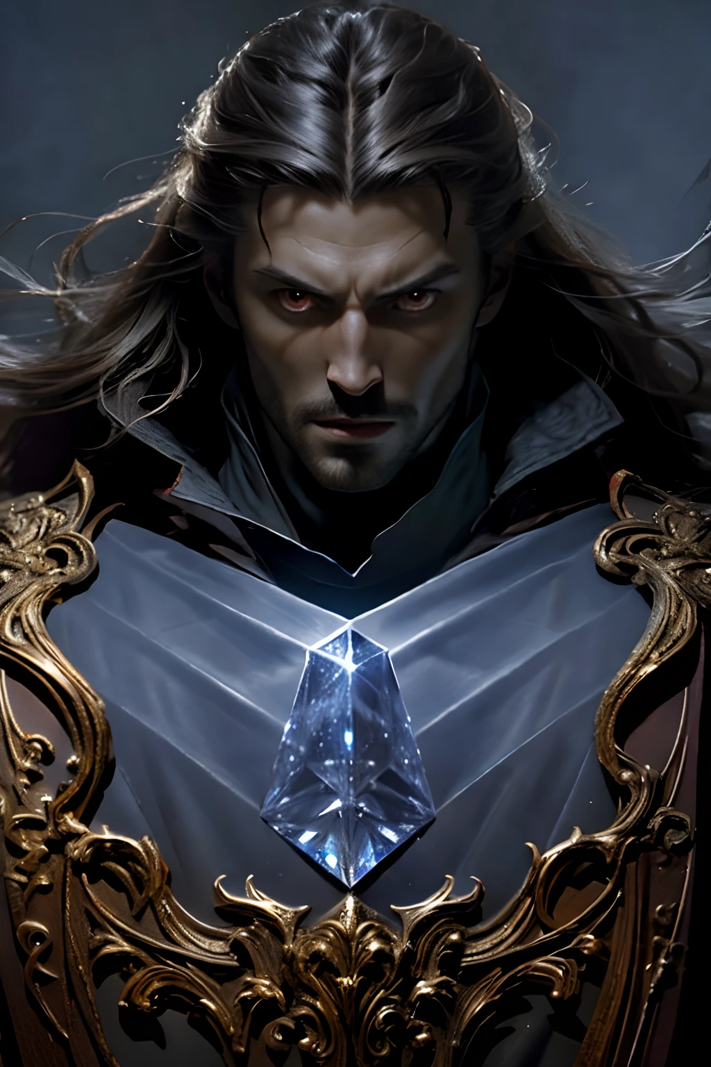 Castlevania Lord of the shadows very handsome face of man hyper realistic super detailed face glowing crystal eyes hyper realistic super detailed