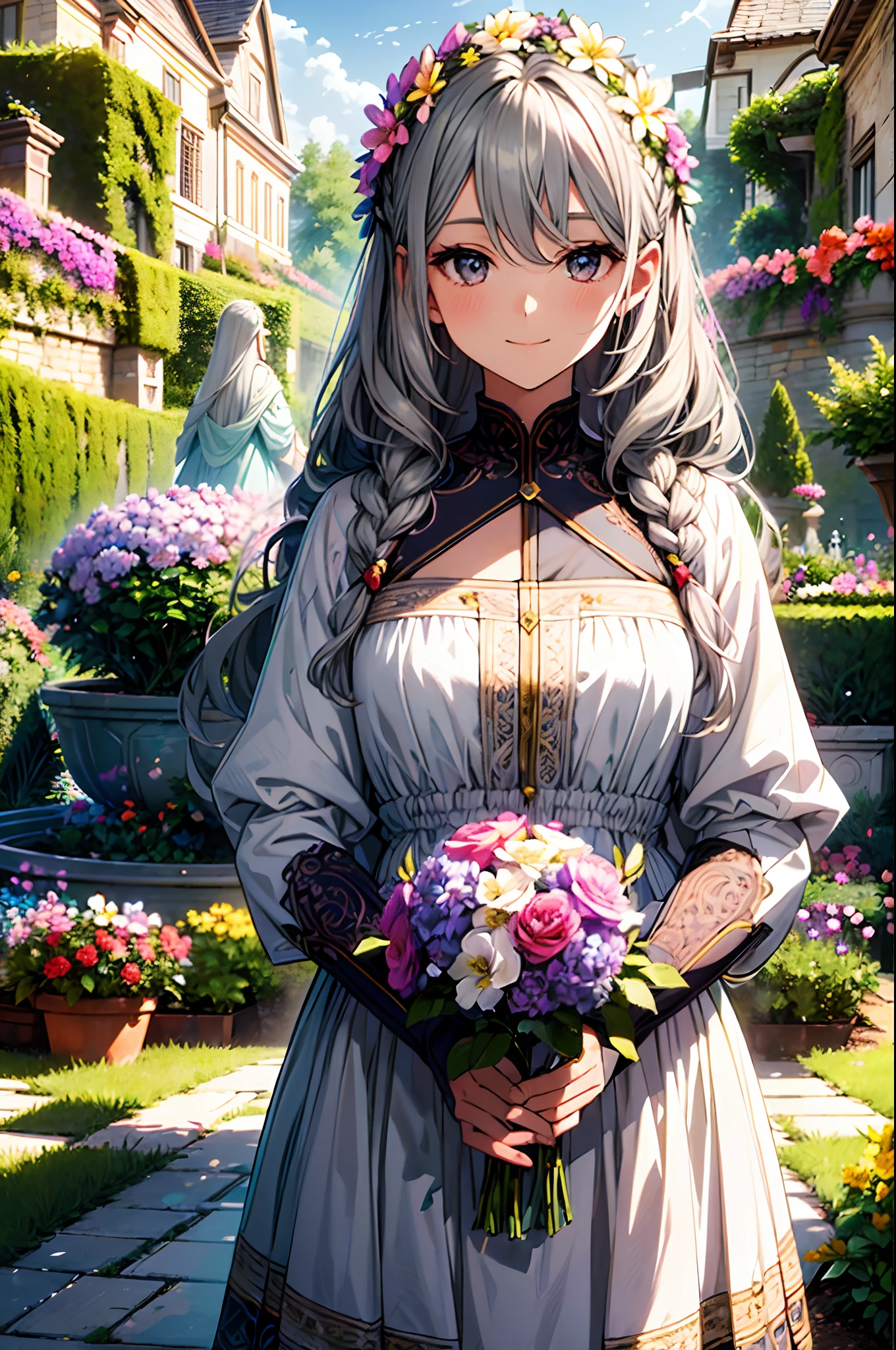 absurderes, A high resolution, (offcial art, Beautiful and aesthetic:1.2), (Close view:1.2), front composition, 
1girll, (Long hair:1.2), Gray hair, Wavy hair, Smile, 
(Spread throughout the garden:1.6), (flower effect:1.2), (florest background:1.2), (Background full of flowers:1.4), (ornate backdrop:1.1),