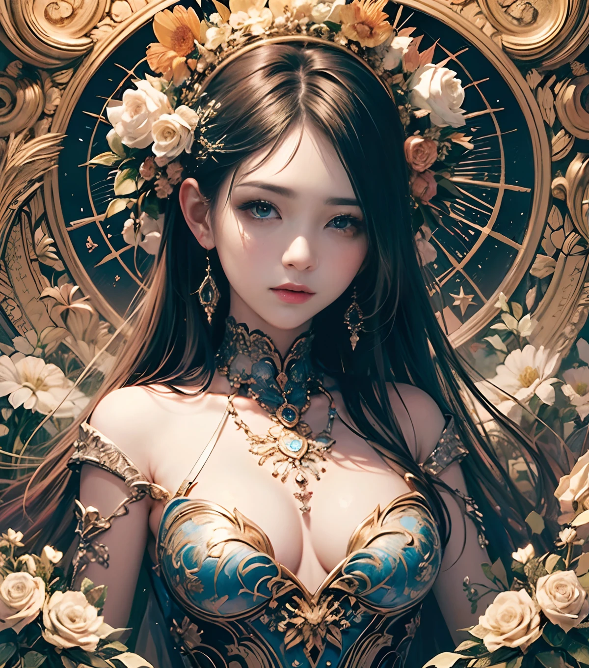 (masterpiece、top-quality、Official art、Beautifully Aesthetic:1.2)、(One girl:1.3)、A highly detailed、Fractal Art、Colorful flowers、Zentangle、Dynamic Poses、Abstract background、shinny skin、Expressed in a variety of colors、"