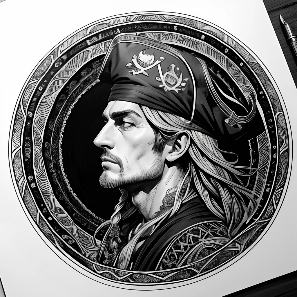 Centred potrait of a male Pirate, black and white, zentangle (best quality) ultra-detailed, fine line drawing, fine line art, coloring book illustration style, intricate linework, highly detailed illustration, perfect composition, beautiful and stunning, dynamic angle, high contrast, incredible shading, incredible detail, unique style, black and white details, (dark and mystical atmosphere), intricate and detailed nature elements.