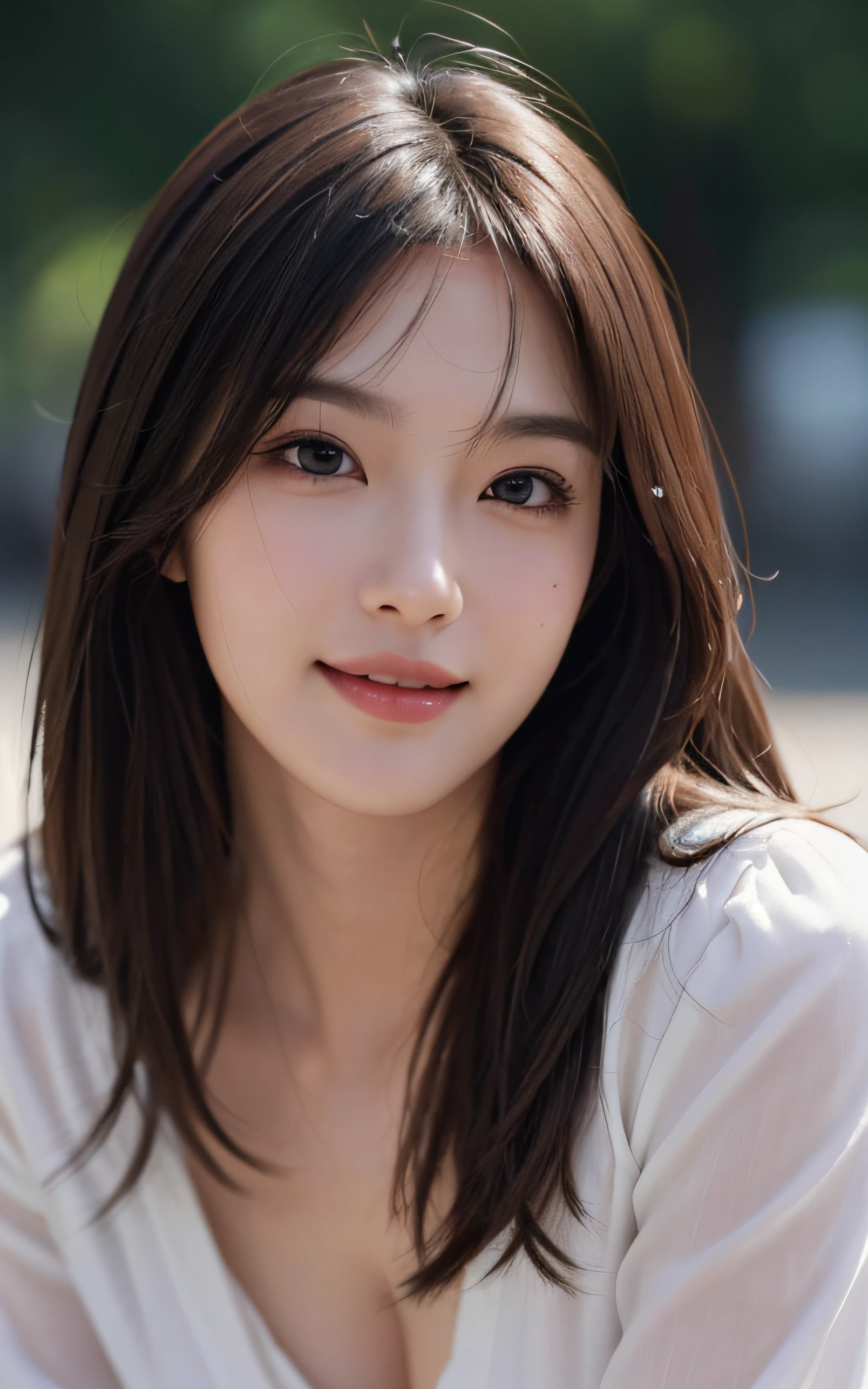 Masterpiece, best picture quality, high quality, beautiful woman, Japanese, 20-year-old, lovely, cute, detailed, swollen eyes, detailed eyes, detailed skin, beautiful skin, ultra high resolution, (reality: 1.4),very beautiful, beautiful skin, slender, (ultra realistic), (high resolution), (8K), (very detailed) (best illustration), (beautifully detailed eyes), (super detailed), (wallpaper), (detailed face), fine details, detailed face, smiling, looking straight ahead, looking straight ahead, angle from waist up, realistic photo, bright lighting, professional lighting, dark brown hair, long hair, long stylish bangs,