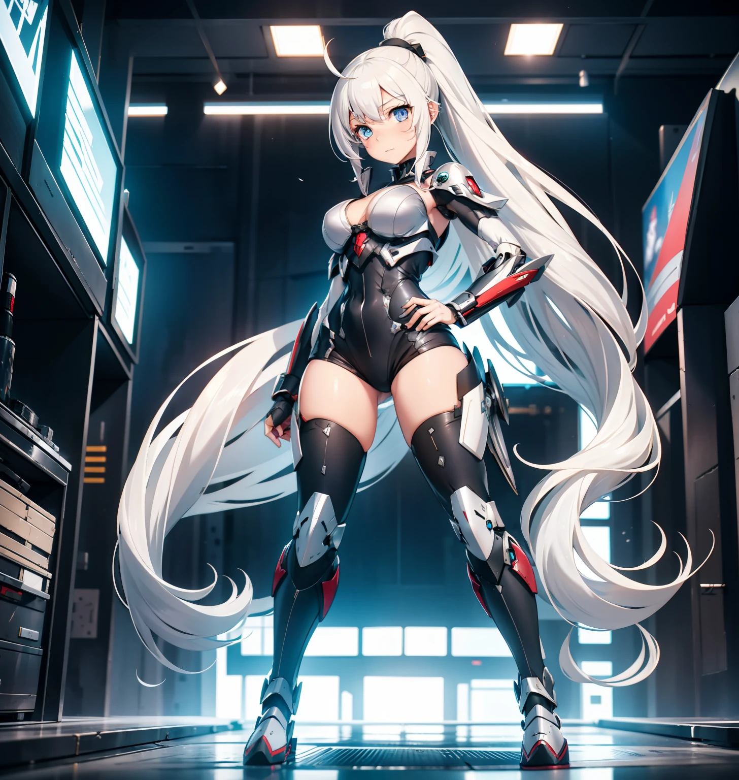 Long silver hair,Tied ponytail, figure,mecha-girl,A beautiful full body girl,with fair skin,14岁,ty figure,Tall figure,Combat attire,Super sexy scene,facial closeups