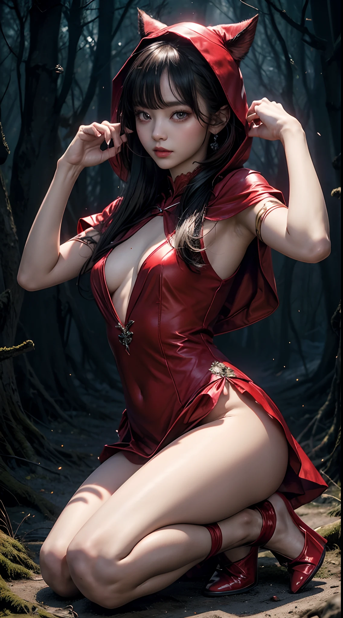 (8K, Raw photography, top-quality, masterpiece:1.2), One Woman、Japan at the age of 18,fullllbody.{scinematic angle、Wide Angle、Don't split the screen、}(Realistic Skins 1.4)、(red riding hood、Wear a crimson hood)、(((red hoods、Red dress、Black stockings、high-heels)))、(((In the dark forest、In a deep eerie forest 、Pitch black night、Deep fog)))((traces of wiping blood from the mouth,,,,,,,,,,,,,,,,,,,,、Red Eyes、Black and long nails))、50mm Lens、30mm film、wide angles、(long、straight haired、)、(A dark-haired、The forehead is hidden by bangs、)、Black eyes、shinny skin、Beautiful delicate face、Beautiful delicate eyes、{tiny chest、small tits、muscular body、}、