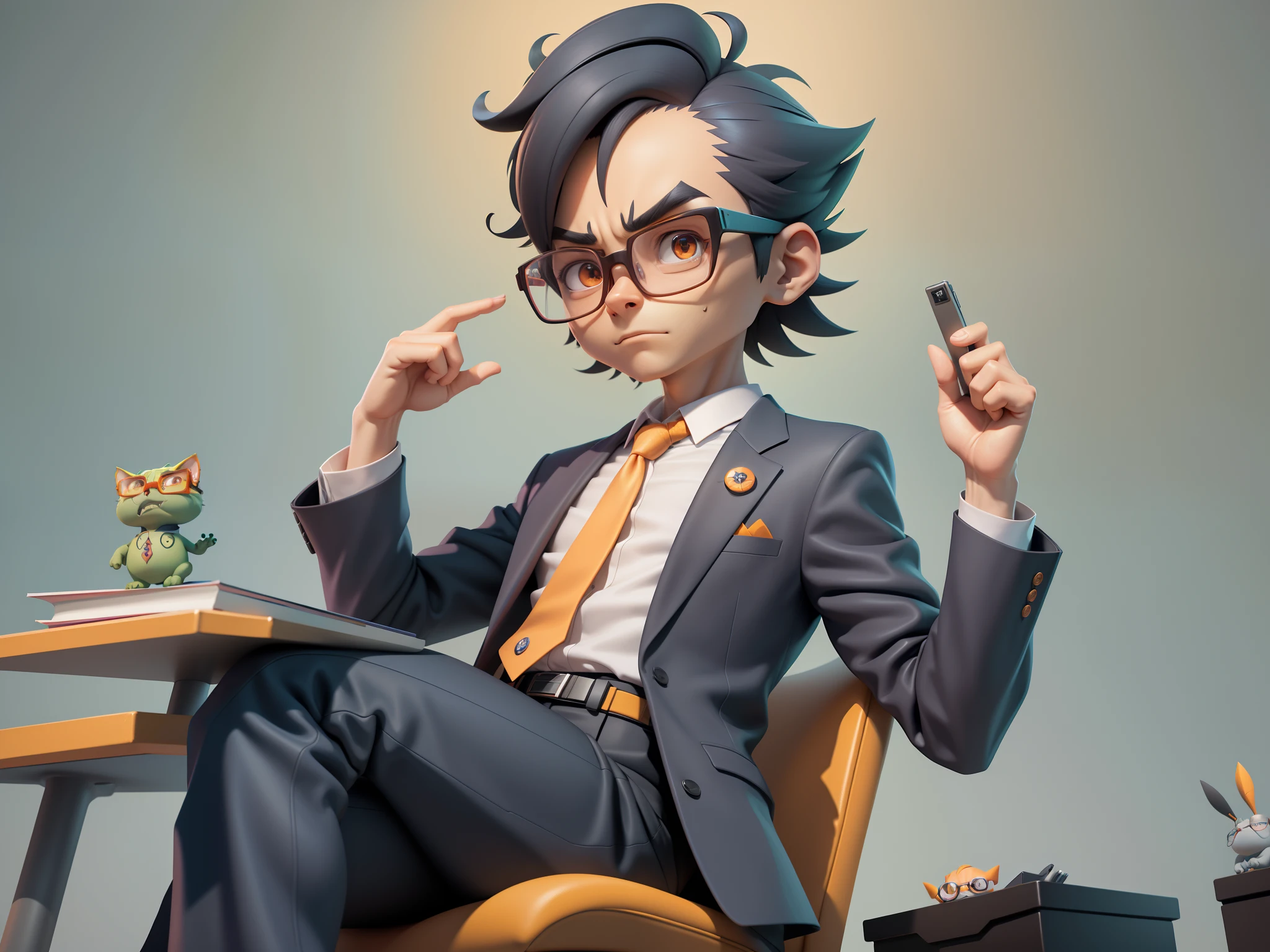 A young man in a suit, Short hair and glasses sat at his desk，holding laptop，digitial painting，tigre，3D character design by Mark Clairen and Pixar and Hayao Miyazaki and Akira Toriyama，4K HD illustration，Very detailed facial features and cartoon-style visuals。