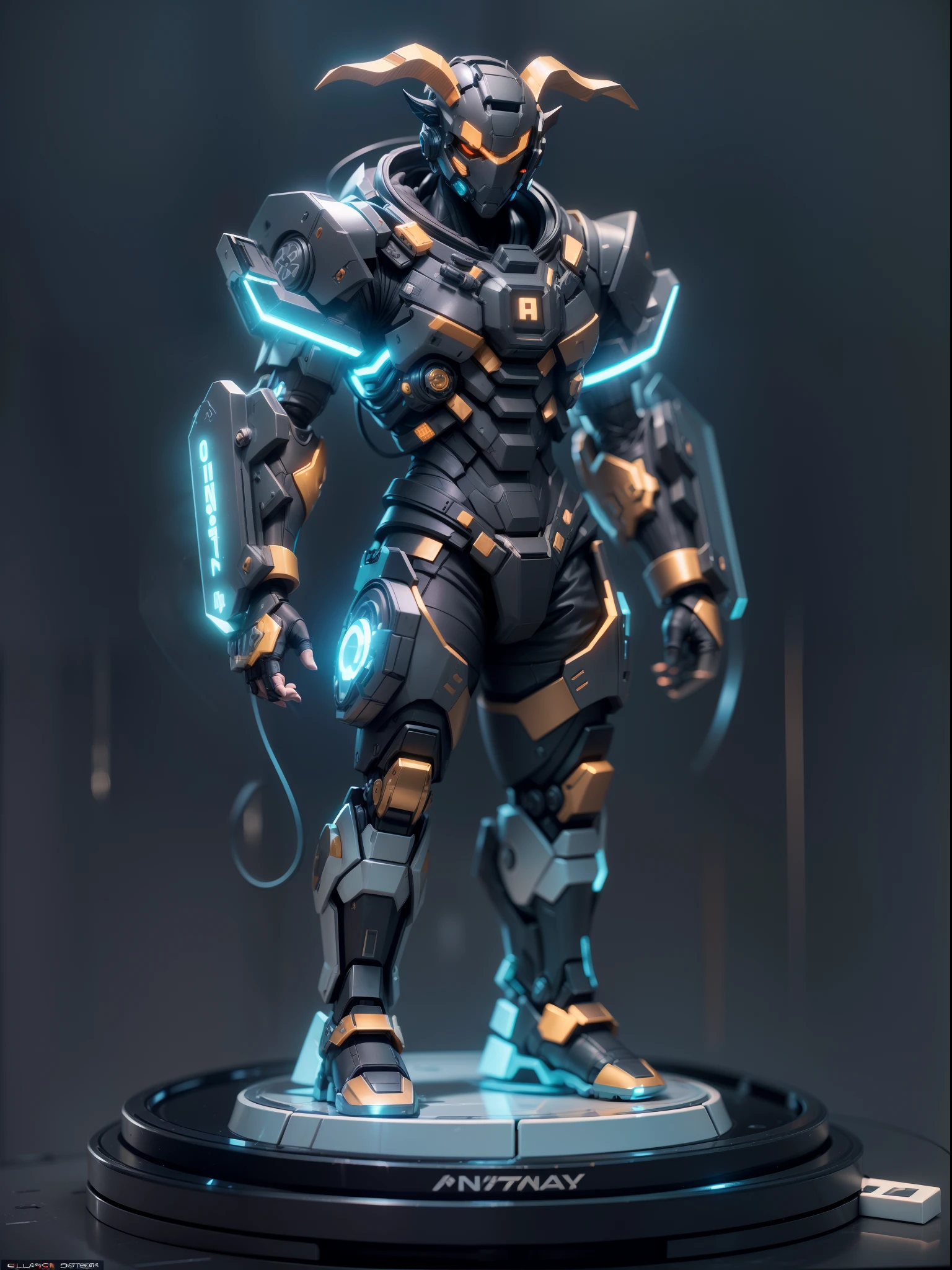 (Blind box toy style:1.3),((Full body shot)),(anthropomorphism),(1 strong male goat warrior,solo)(((solo))),opaque mask,transparent plastic mecha,dreamy glow, cyberpunk style,Clean black background,black style,(circular base)( Global illumination, Ray tracing, hdr, unreal render,reasonable design, high detail, Masterpiece, Best quality, hyper HD, Cinematic lighting)