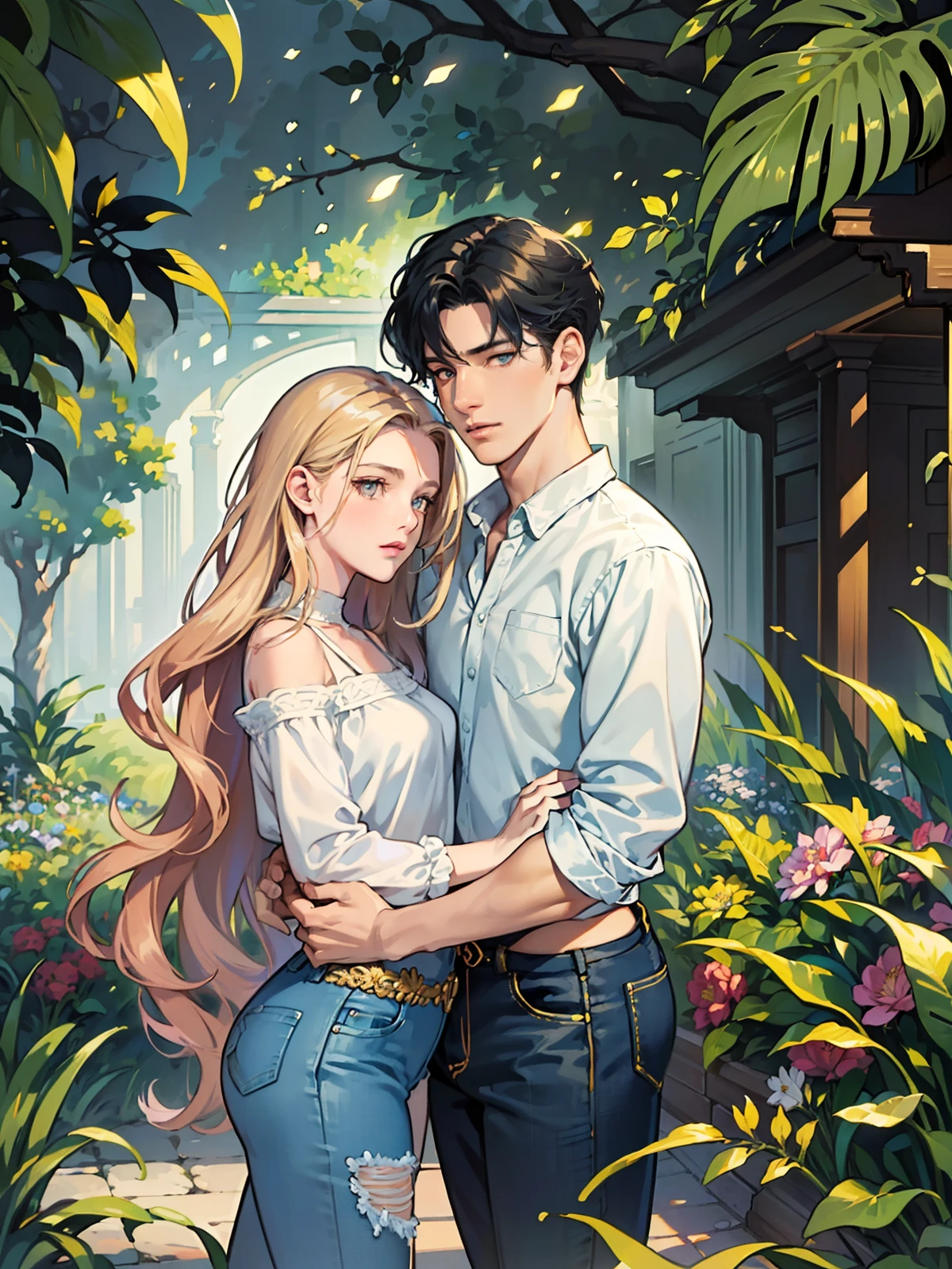 ((masterpieces)), best quality, exceptional illustration, a couple standing, soft focus, 1 man with short black hair, BLUE EYES, 1 woman with long wavy light blue hair, GOLDEN YELLOW EYES, girl in a short top and jeans, boy in black jeans and white shirt, opulent and exquisite atmosphere of a garden, soft light and warm lighting.