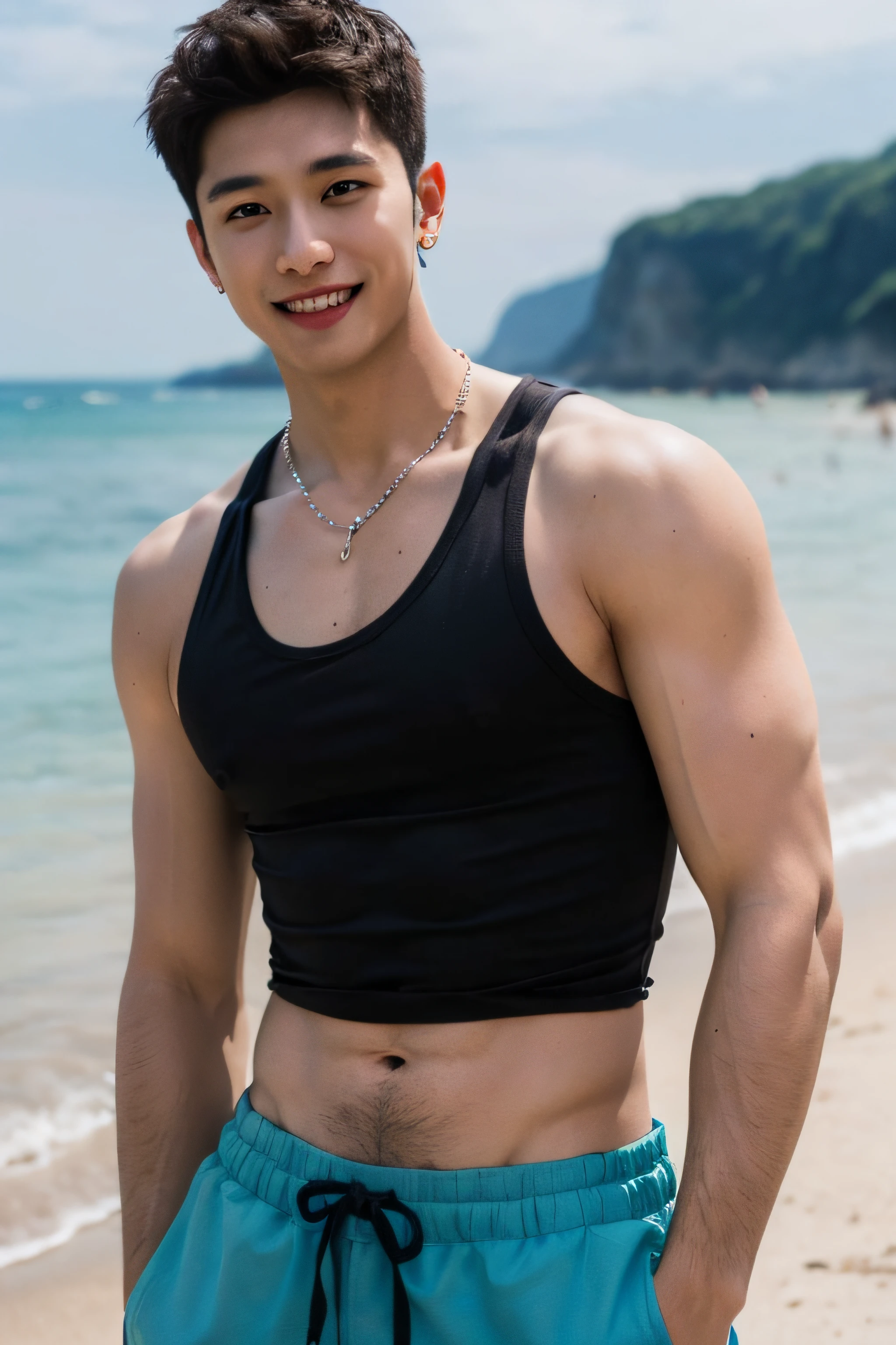 realistic, (masterpiece, top quality, best quality, official art), very detailed, colorful, most detailed, god, short hair, black hair, handsome man, sea, necklace, beach, pectoral, abs, brown skin, blue eyes, handsome smile, muscular, ((wide shoulders narrow waist)), tank top,
