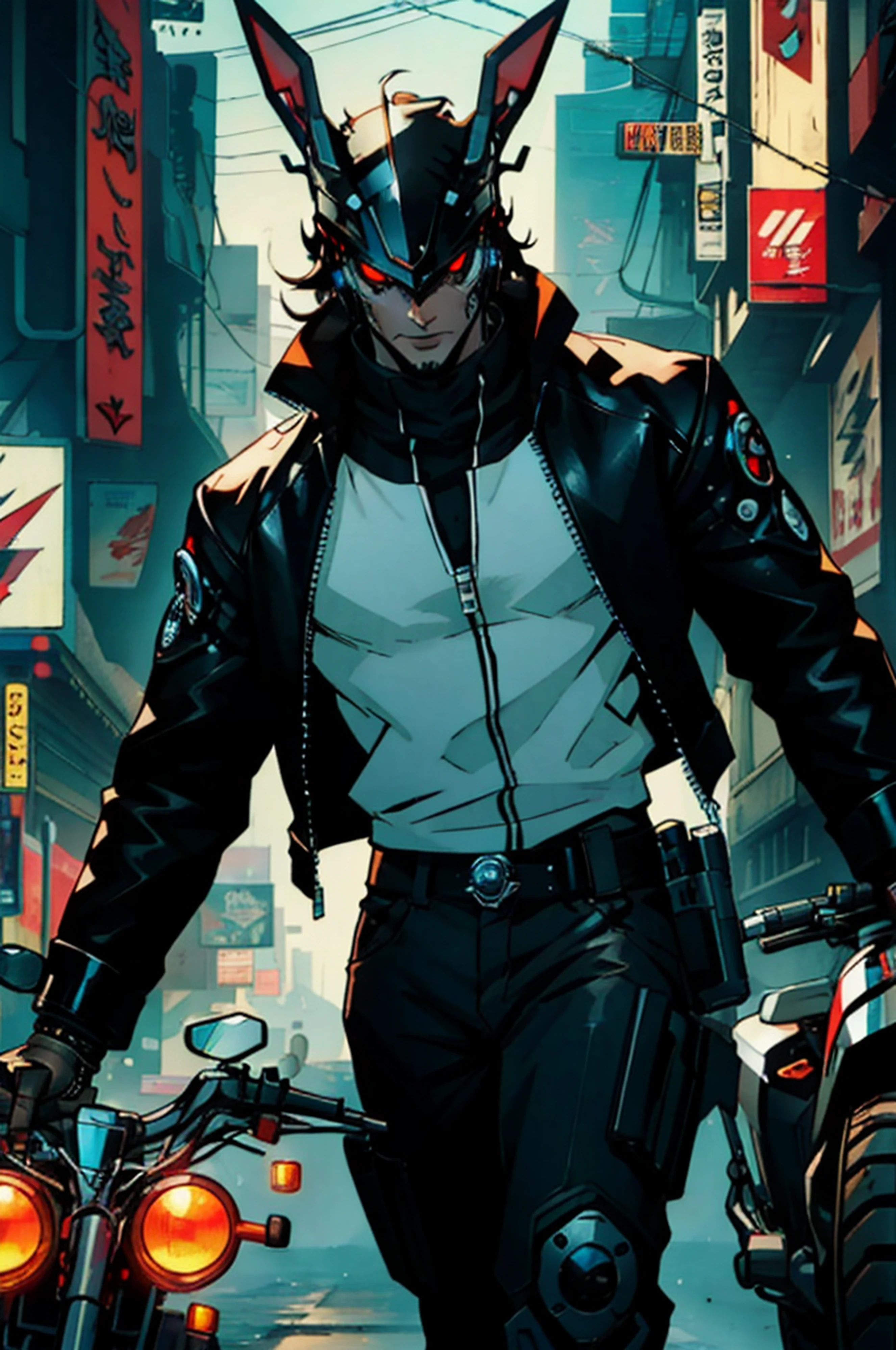 Vigilante with cybernetic helmet with red eyes, on a Harley Davidson-style motorcycle with a gun in hand, Cyberpunk, anime, cyberpunk digital |, cyber space cowboy