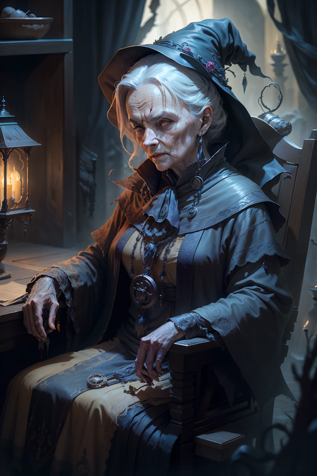 Masterpiece, Best quality，An old witch sits in a Kadilau chair in the background，She was holding a Soniste crow，A lot of wrinkles on the face，blindman，without pupils