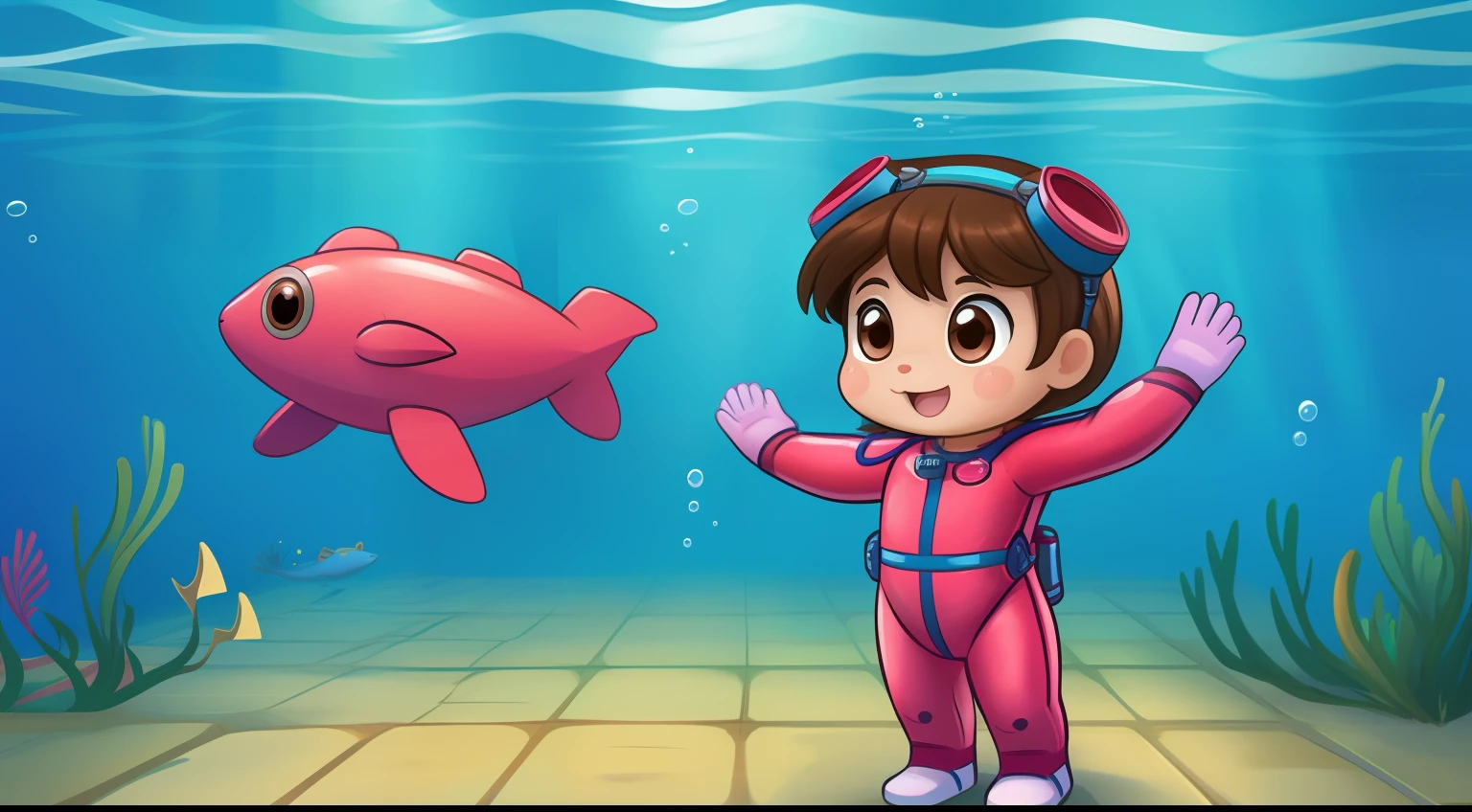 Frontal image of a 5--old l, standing, looking forward, brown hair, brown eyes, rosy cheeks, arms open, legs apart, feet on the ground, underwater background, diving goggles, pink diving suit, diving gloves, diving shoes, in a children's book illustration style, 2D.