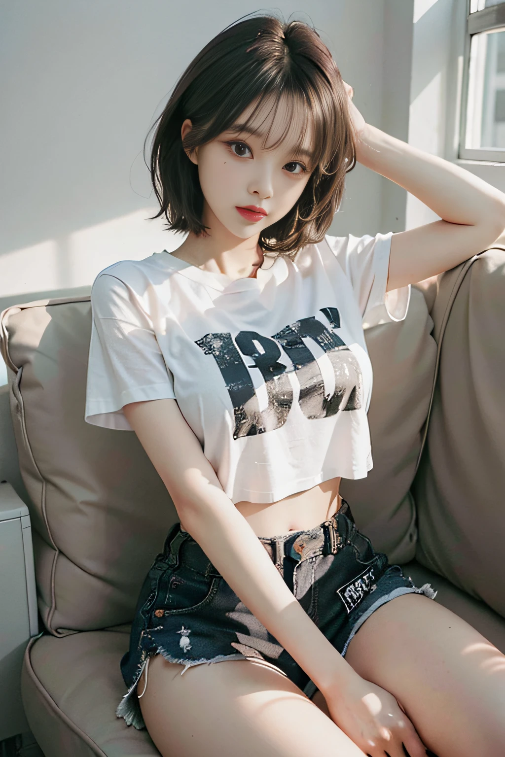 Top image quality、RAW photography、超A high resolution、Cute girl at 18 years old、For one person only、Round chest、T-shirt、Black shorts、Beautiful Eyes of Details、Very slender eyes、Beautiful eyelashes、beautiful double eyelid、White walls、Beautiful waist、Very slender legs、Light brown shorthair、Very slim physique