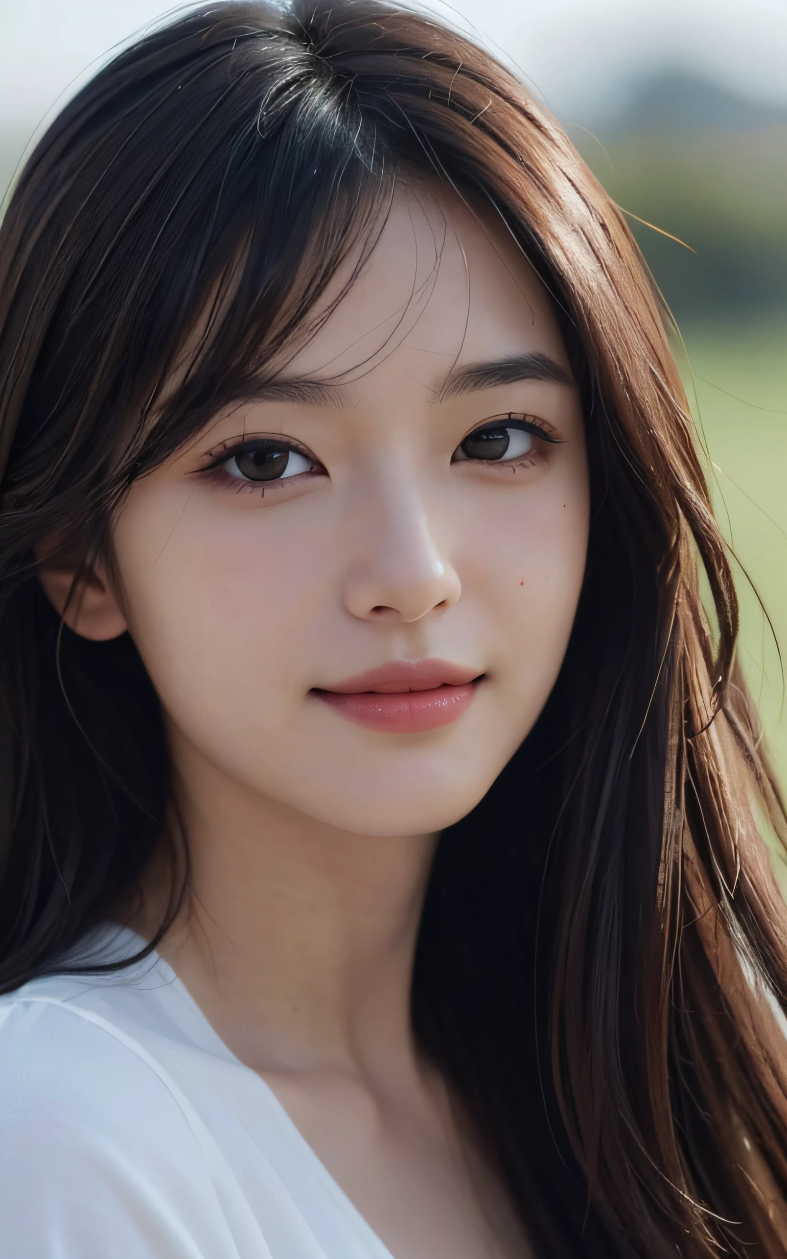Masterpiece, best picture quality, high quality, beautiful woman, Japanese, 20-year-old, lovely, cute, detailed, swollen eyes, detailed eyes, detailed skin, beautiful skin, ultra high resolution, (reality: 1.4),very beautiful, beautiful skin, slender, (ultra realistic), (high resolution), (8K), (very detailed) (best illustration), (beautifully detailed eyes), (super detailed), (wallpaper), (detailed face), fine details, detailed face, smiling, looking straight ahead, looking straight ahead, angle from waist up, realistic photo, bright lighting, professional lighting, dark brown hair, long hair, the ends of the hair are blown up by the wind, long stylish bangs,