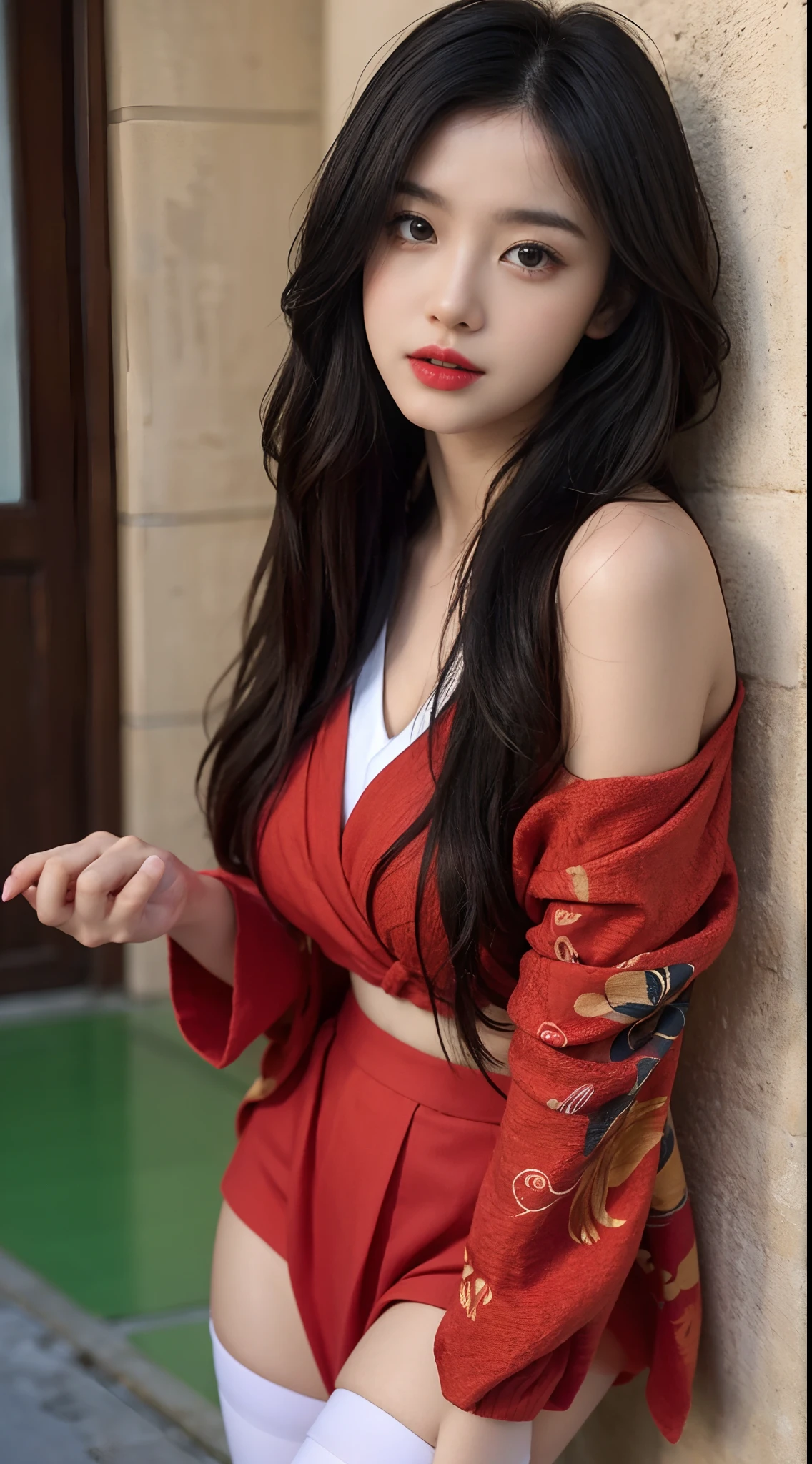 realistic, high resolution, hips up, Masterpiece, 18 year old girl, red hair, high ponytail, big breasts, golden eyes, red lips, high nose, Colorful coat, Large clothing, decorations, Taoist cloak