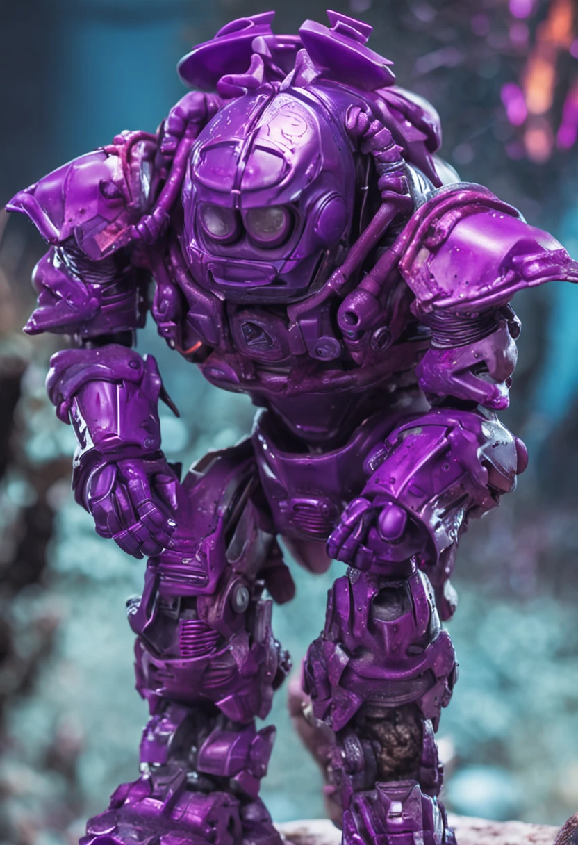 "una goblin de color morado" disparando a enemigos mecanicos con uniformes blancos