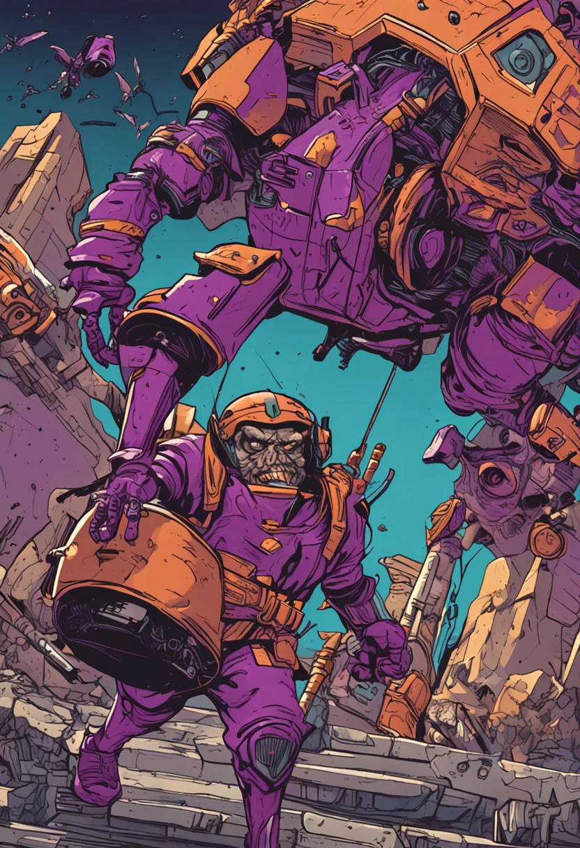 "una goblin de color morado" disparando a enemigos mecanicos con uniformes blancos