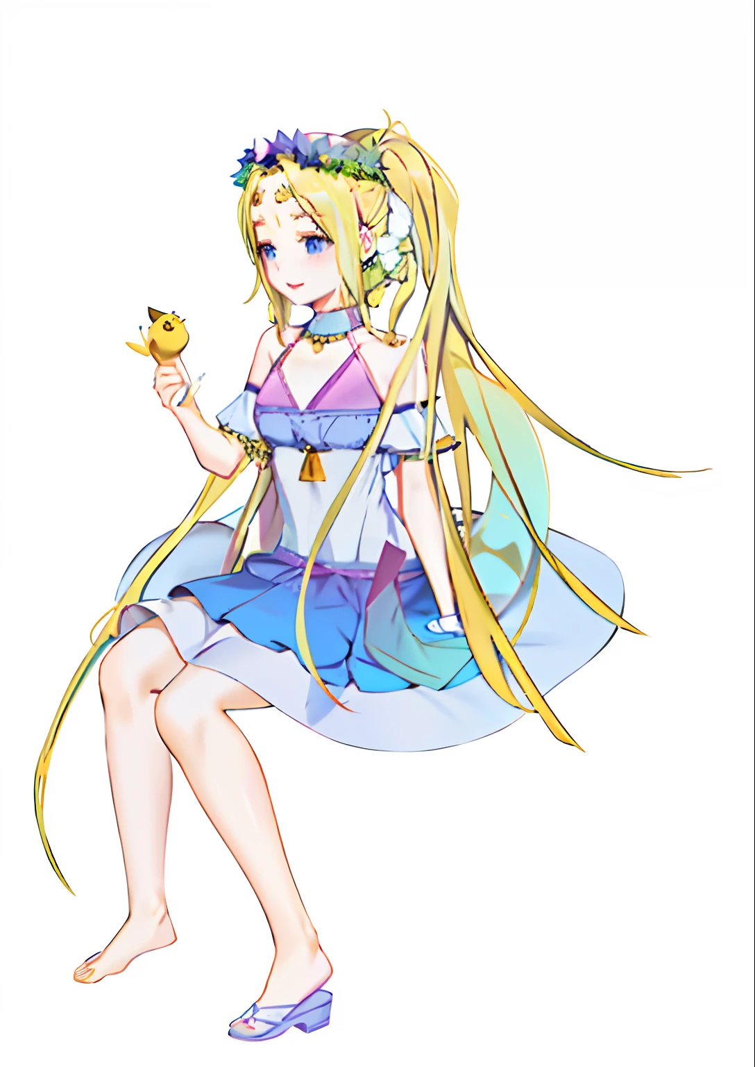 Anime girl with long blonde hair sitting on pillow holding a bird, Blonde anime girl with long hair, the goddess of summer, Marin Kitagawa fanart, Anime princess, loli in dress, blond-haired princess, Anime goddess, cute anime waifu in a nice dress, yami kawaii, pikachu as a human, a human-like juicy peach