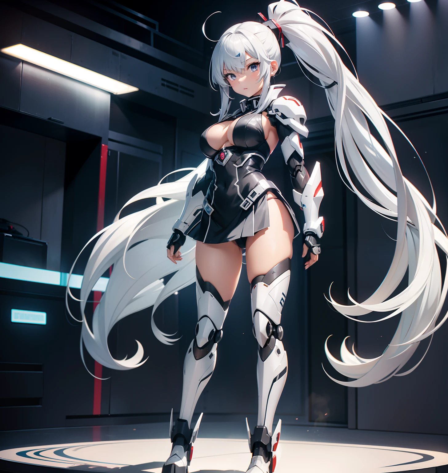 Long silver hair,Tied ponytail,Loli figure,mecha-girl,A beautiful full body girl,with fair skin,岁,busty figure,Tall figure,Combat attire,Super sexy scene,facial closeups