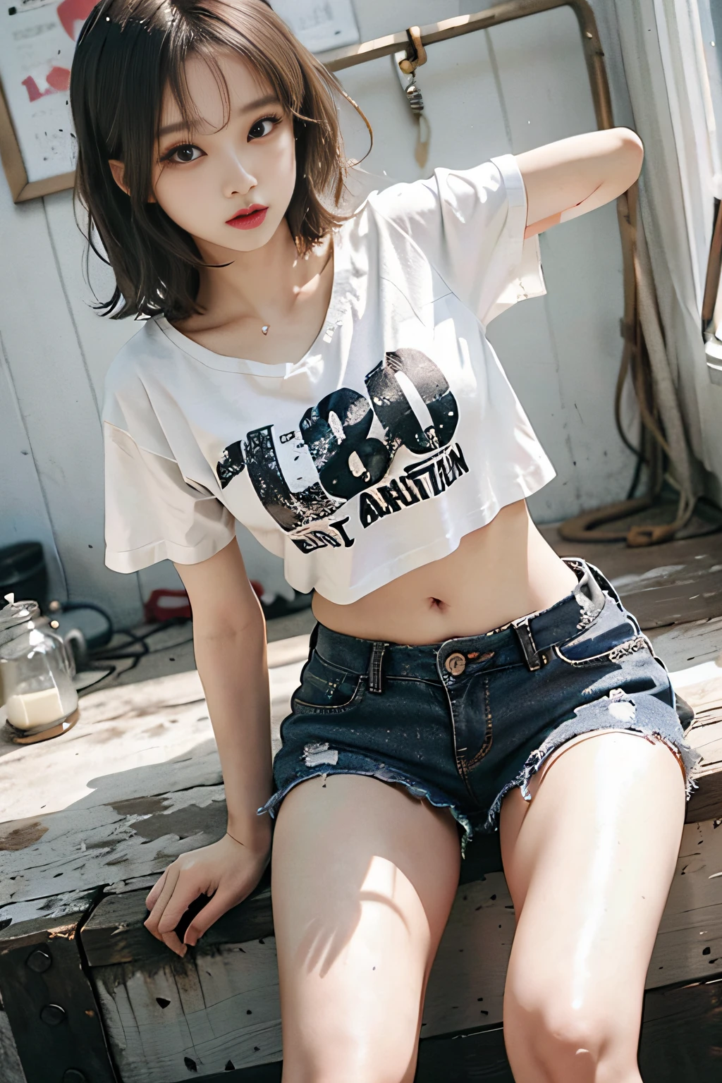Top image quality、RAW photography、超A high resolution、Cute girl at 18 years old、For one person only、Round chest、T-shirt、Black shorts、Beautiful Eyes of Details、Very slender eyes、Beautiful eyelashes、beautiful double eyelid、White walls、Beautiful waist、Very slender legs、Light brown shorthair、Very slim physique