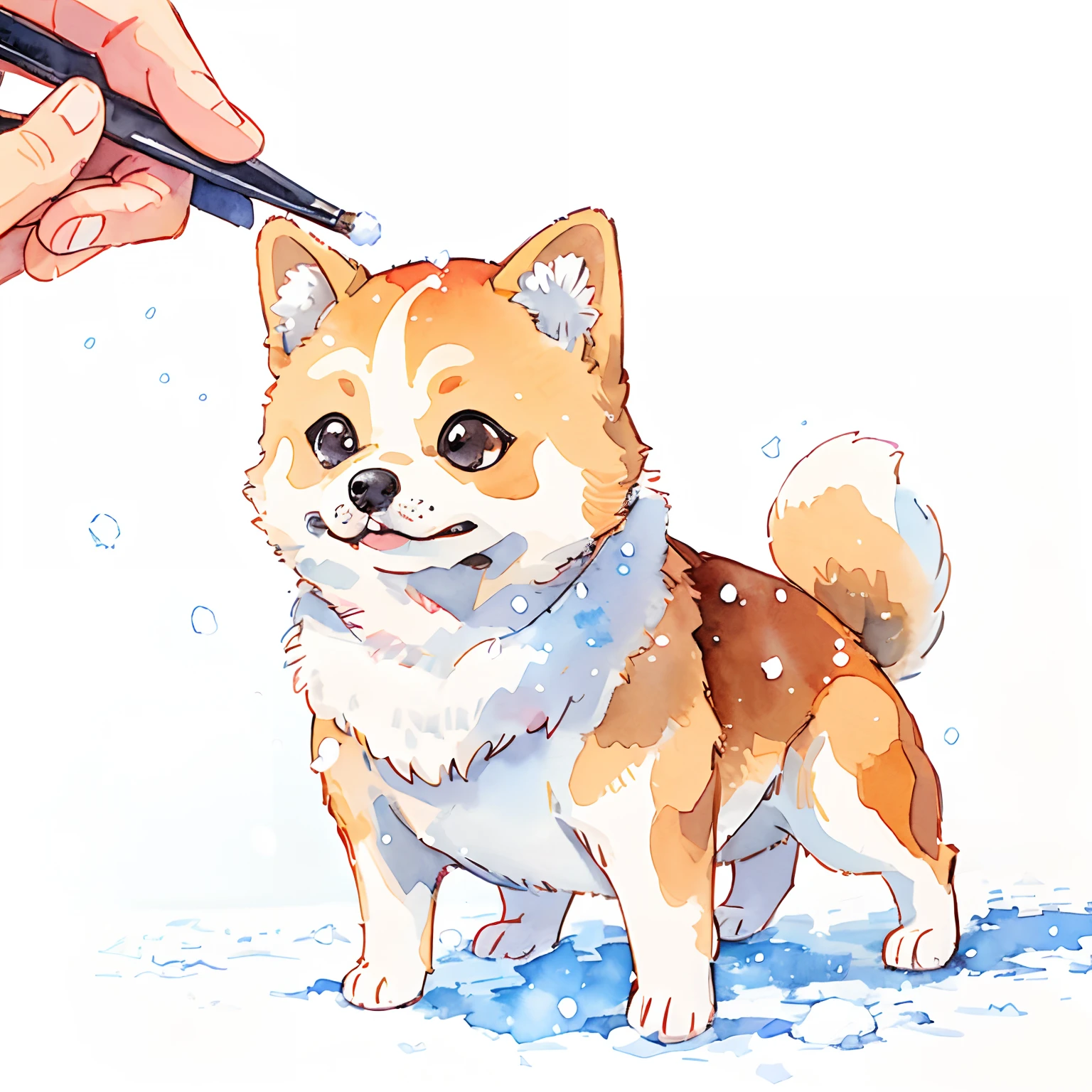 Shiba dog:1.5、cute little、big eye、snow-white fur、fluffy fur、simple background、white backgrounid、watercolor paiting