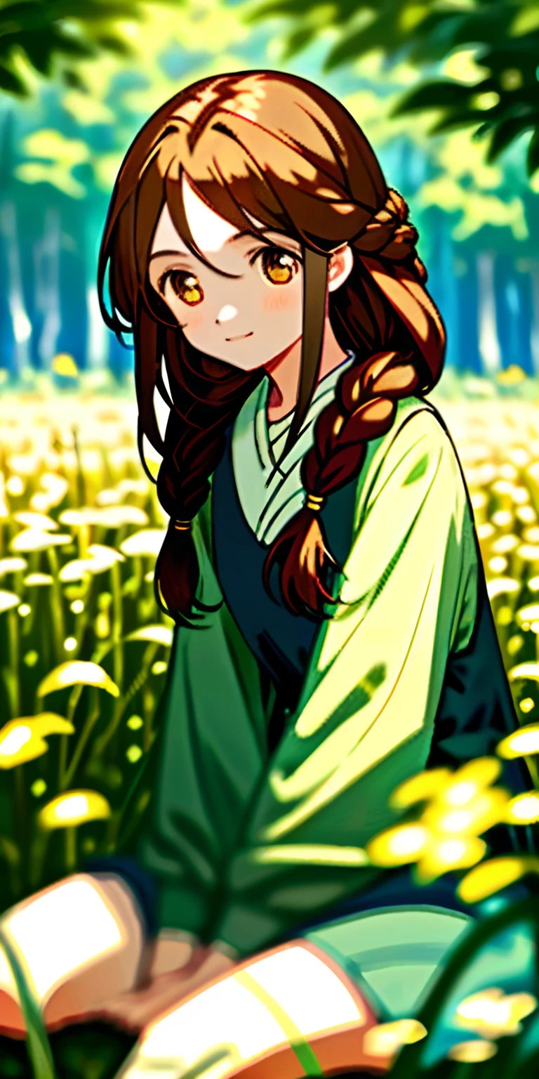 (tmasterpiece,best qualtiy),1 long brown haired girl sitting in a field of greenery and flowers(Quiet and cute twist braid)Her hands were between her legs,warmly lit,gentle expressions,Amber Eyes,Gentle smile,Blurred foreground