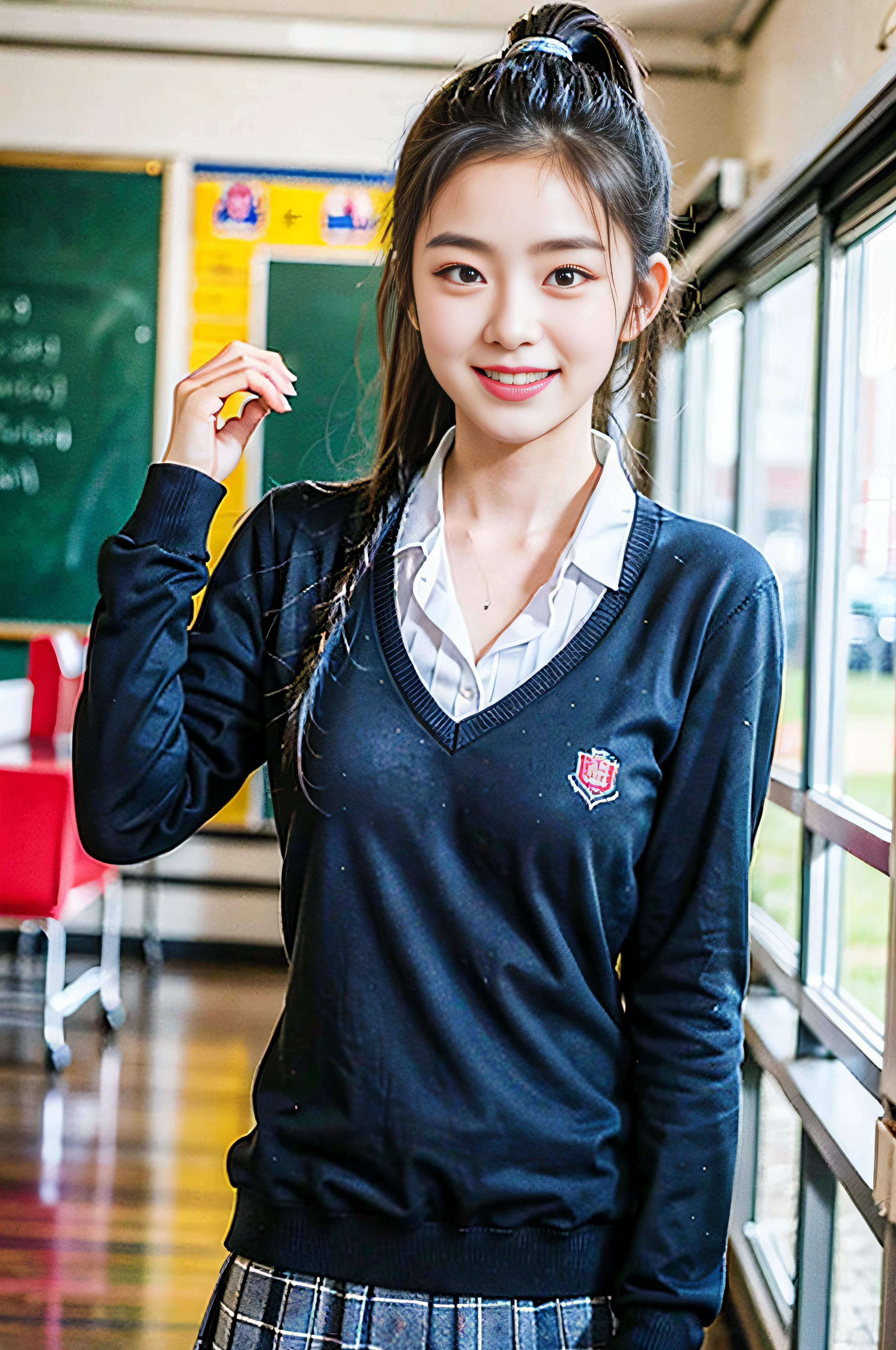real photograph,A female high school student,With a ponytail,in school uniform,Smile at the camera,