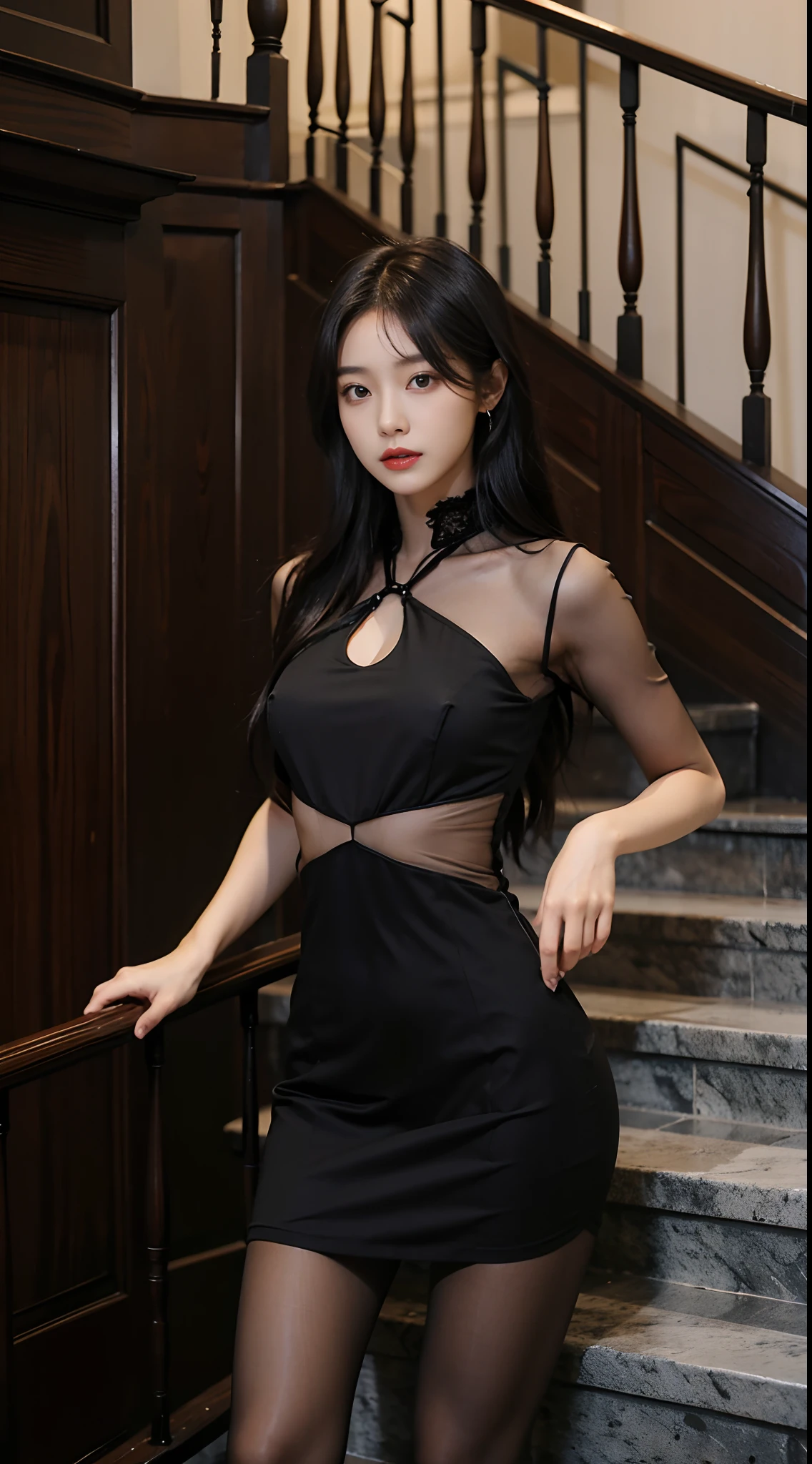 arafed woman in a black dress posing on a staircase, Sexy dress, Gorgeous young Korean woman, beautiful Korean women, wearing a tight black dress, Korean girl, full-body xianxia, wearing a black dress, gorgeous chinese models, korean women's fashion model, Black dress, revealing stylish dress, Beautiful young Korean woman, very sexy outfit, Korean woman,Thin stockings, tightly dress,Silk dress,Lace-up dress,see through dresses,((Pantyhose)),Ray tracing