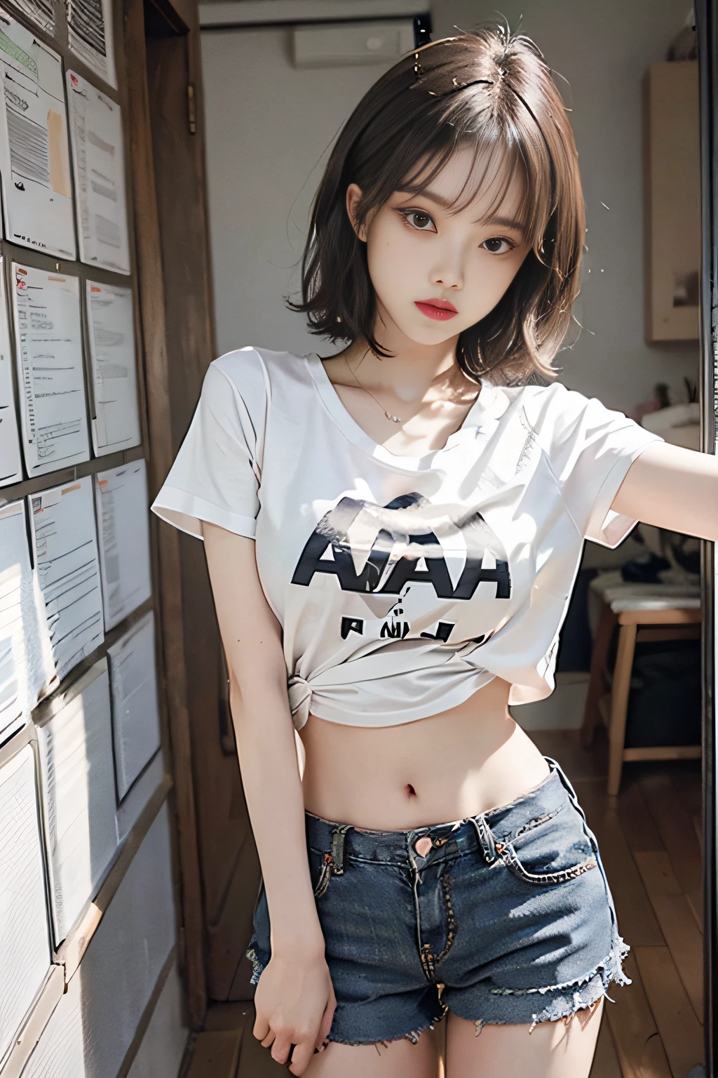 Top image quality、RAW photography、超A high resolution、Cute girl at 18 years old、Limited to one person、Round chest、T-shirt、Black shorts、Beautiful Eyes of Details、Very slender eyes、Beautiful eyelashes、beautiful double eyelid、White walls、Beautiful waist、Very slender legs、Light brown shorthair、Very slim physique