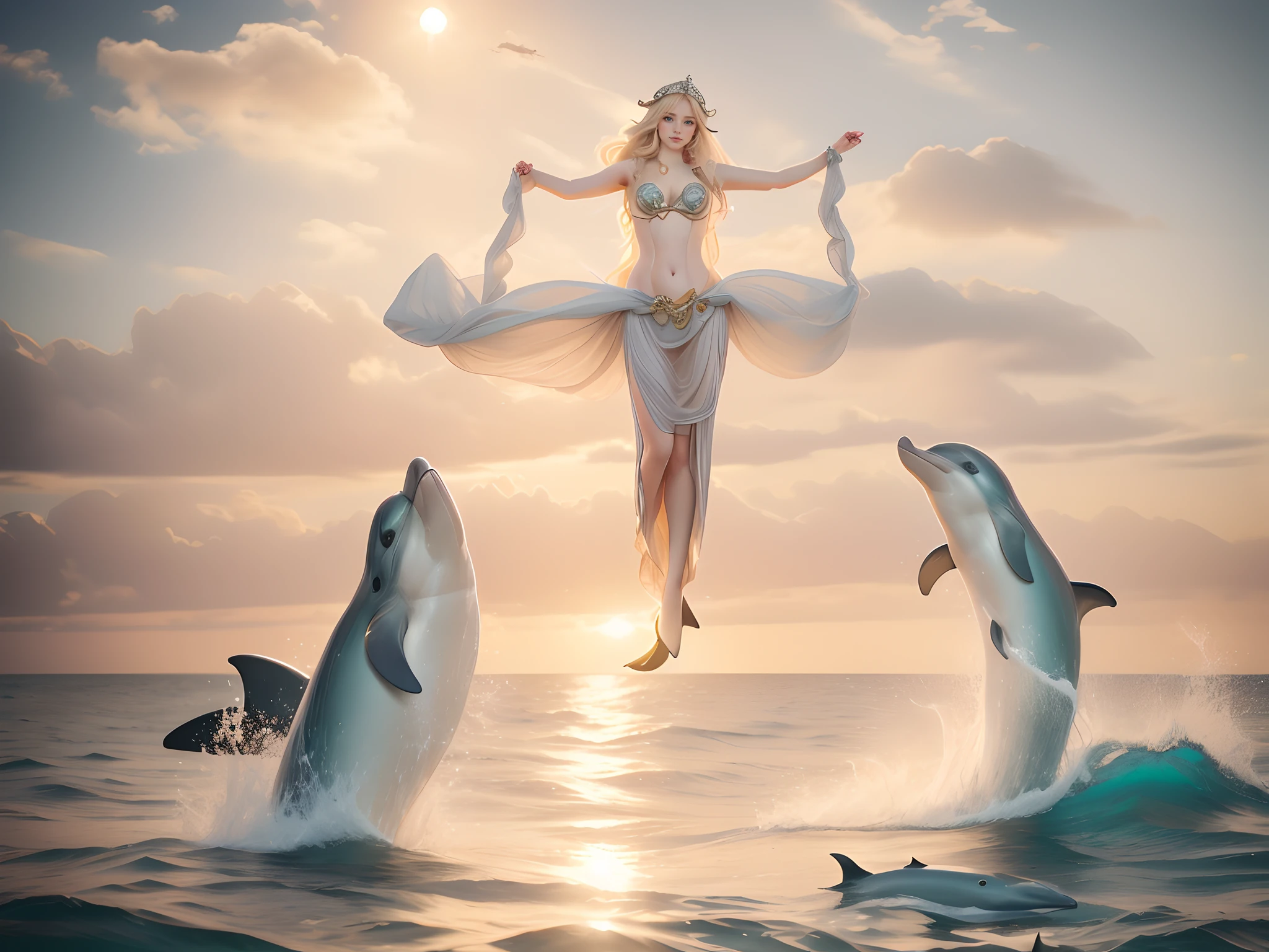 "Galatea". Not safe for work. Realistic photo. Galatea. Beautiful goddess, sea nymph. She is sailing across the ocean pulled by two dolphins. She wears a red gauze. Blonde hair. On her head a sea diadem..... ((masterpiece)). Professional photography, ultra-sharp focus. RAW analog photography, 80mm f2.8 lens, best quality, ultra detailed, 64k, intricate detail, minute detail, detail rendering, lifelike detail. Detailed hands, perfect eyes, detailed face, natural pose. Realistic grey dolphins. Perfect anatomy of dolphins
