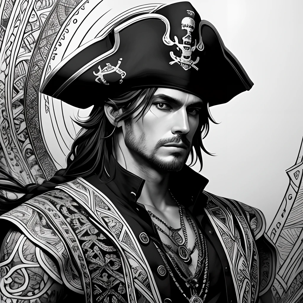 Centred potrait of a male Pirate, black and white, zentangle (best quality) ultra-detailed, fine line drawing, fine line art, coloring book illustration style, intricate linework, highly detailed illustration, perfect composition, beautiful and stunning, dynamic angle, high contrast, incredible shading, incredible detail, unique style, black and white details, (dark and mystical atmosphere), intricate and detailed nature elements.