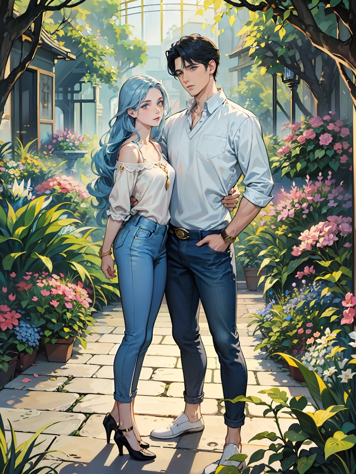 ((masterpieces)), best quality, exceptional illustration, a couple standing, soft focus, 1 man with short black hair, BLUE EYES, 1 woman with long wavy light blue hair, GOLDEN YELLOW EYES, girl in a short pink top and jeans, boy in black jeans and white shirt, opulent and exquisite atmosphere of a garden, soft light and warm lighting.