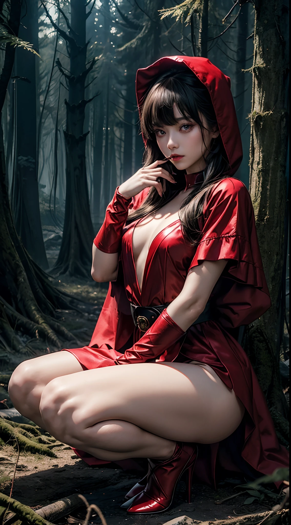 (8K, Raw photography, top-quality, ​masterpiece:1.2),  One Woman、Japan at the age of 18,fullllbody.{scinematic angle、Wide Angle、Don't split the screen、}（Realistic Skins 1.4）、（red riding hood、Wear a crimson hood）、（（（red hoods、Red dress、Black stockings、high-heels）））、（（（In the dark forest、In a deep eerie forest　、Pitch black night、Deep fog）））（（traces of wiping blood from the mouth,,,,,,,,,,,,,,,,,,,,,、Red Eyes、Black and long nails））、50mm Lens、30mm film、wide angles、（long、straight haired、）、（A dark-haired、The forehead is hidden by bangs、）、Black eyes、shinny skin、Beautiful delicate face、Beautiful delicate eyes、｛tiny chest、small tits、muscular body、｝、