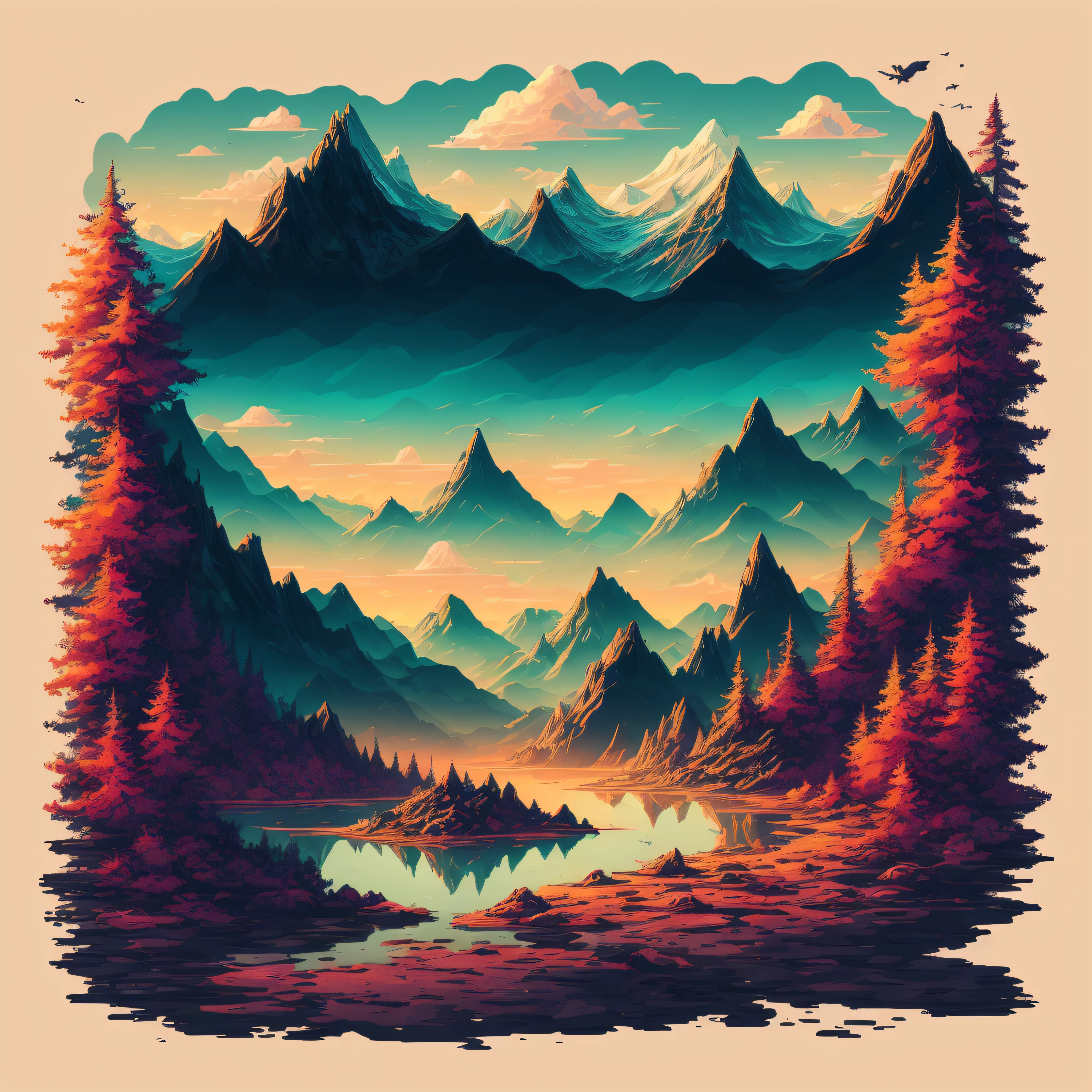Mountains and trees in the foreground of sunset scene, jen bartel, Beautiful art UHD 4 K, scenery art detailed, autumn mountains, highly detailed digital artwork, Justin Gerard, 4k highly detailed digital art, Detailed painting 4 K, 8K high quality detailed art, 4K detailed digital art, 4k detailed art, 8K stunning artwork,No background, stylish and trendy